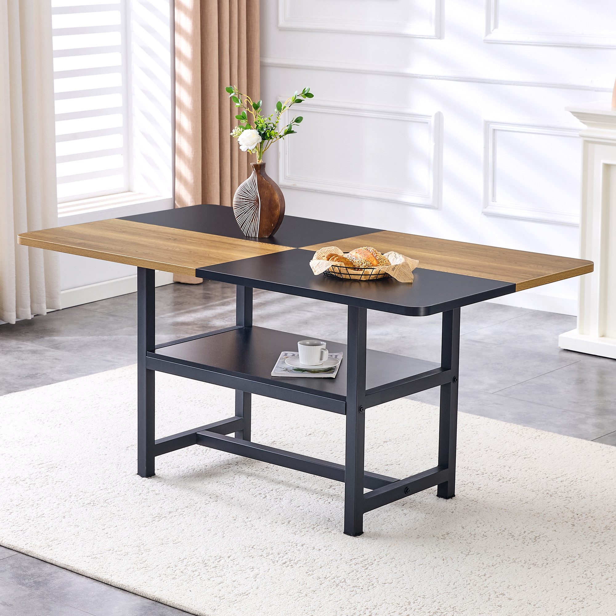 Fine Life Pro Esstisch Rechteckiger Esstisch Industrial, 160x90x76 cm, braun/schwarz, Mit Ablageregal, für Wohnzimmer und Küche