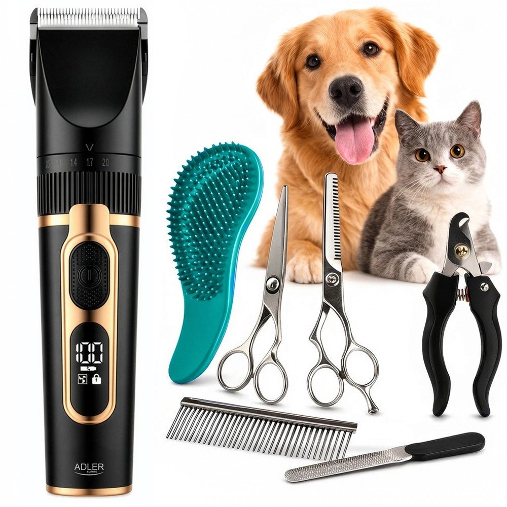 ADLER EUROPE Hundeschermaschine AD 2849 Tierhaarschneider Set Akku Schermaschine für Hunde und Katzen, 0,8-20 mm, LED-Display, Keramik-Titan-Klingen, Wechselkämme Scheren