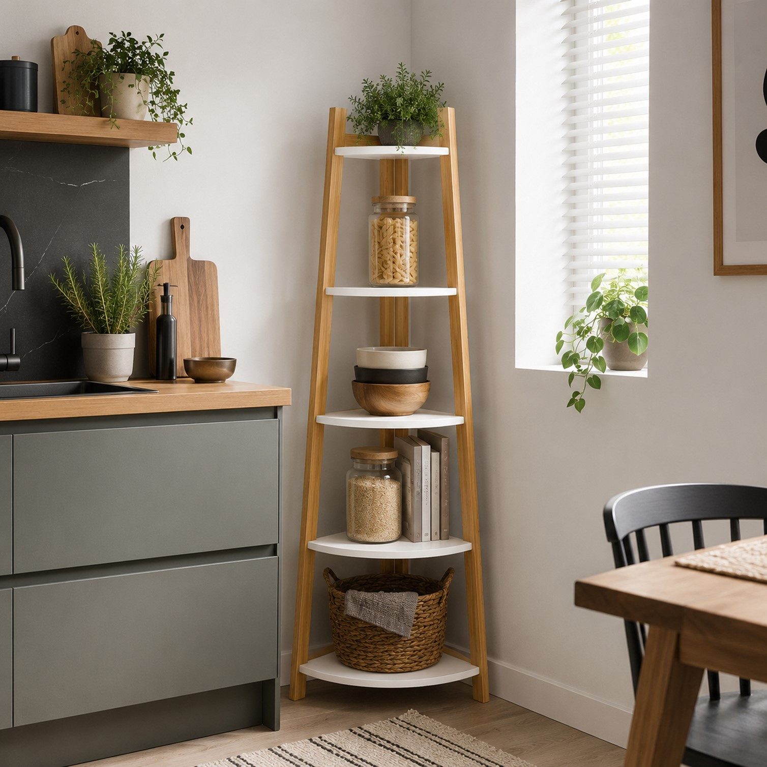 HOOZ Stufenregal Bambus Standregal – modernes Eckregal 5 Böden natur/weiß 155 x 37 cm, Einzelartikel / Standregal, Nachhaltiges Leiterregal aus FSC Bambus im modernen Design
