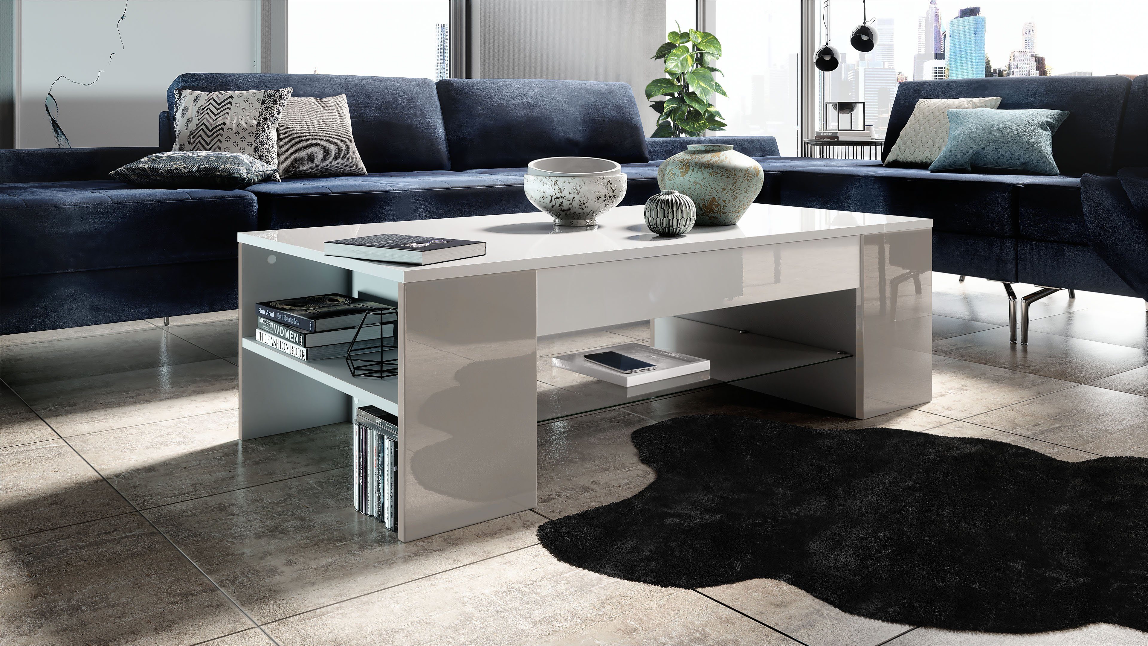 Vladon Couchtisch Clip (Wohnzimmertisch, mit 2 Seitenfächern und 1 Glasplat günstig online kaufen