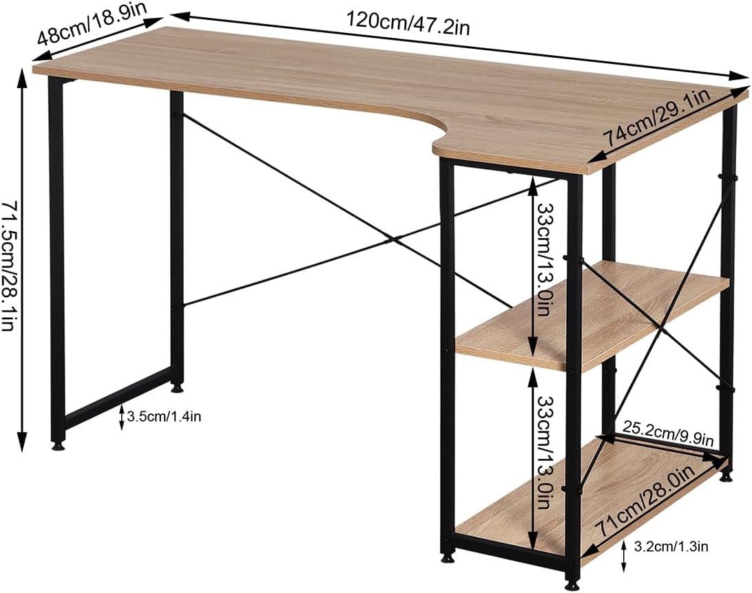 Woltu Schreibtisch aus cm Ablage, (1-St), Stahl, mit Schwarz-Helle Holz und Eiche ca.120x74x71,5