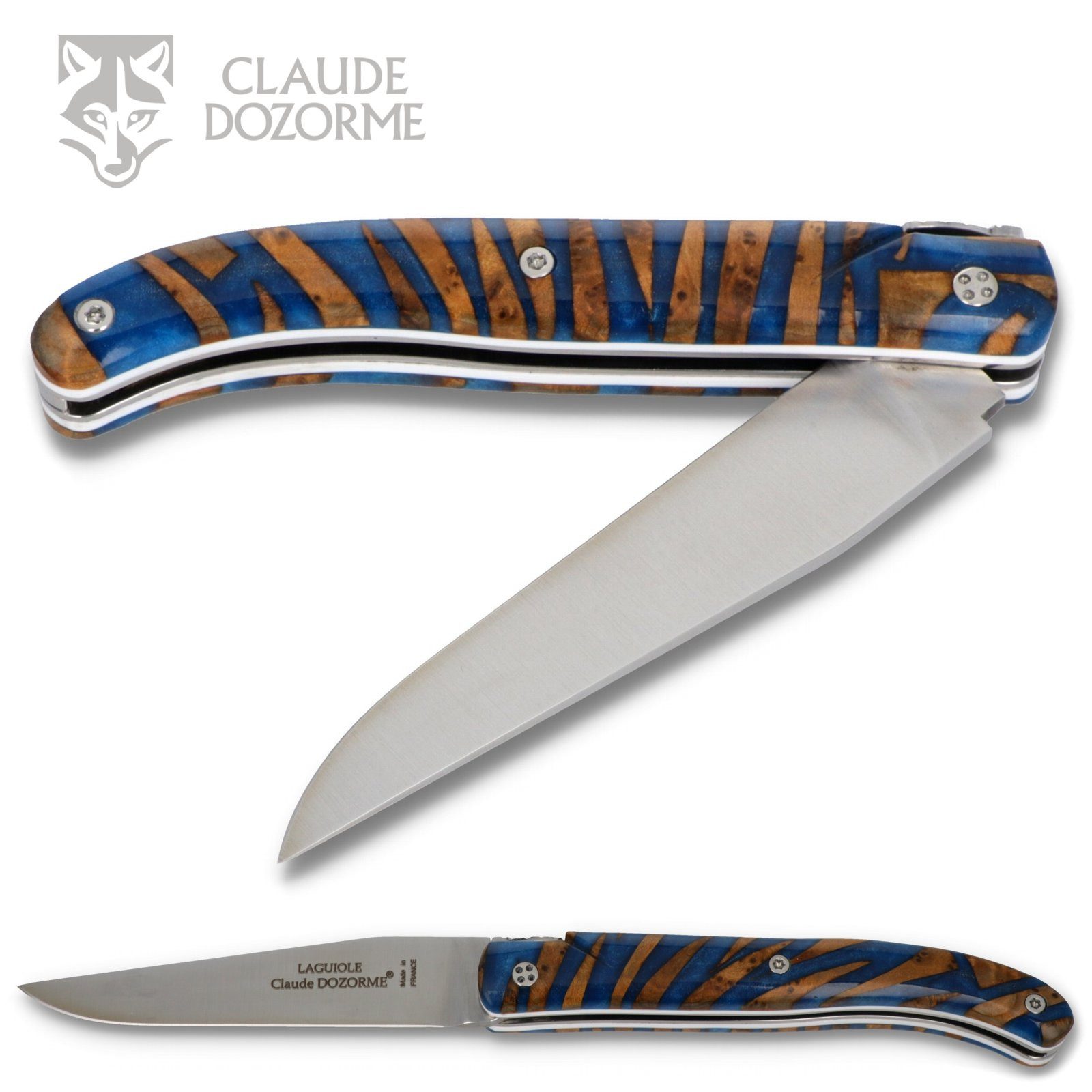 Claude Dozorme Taschenmesser 1.60.140.XXD-120066, Laguiole UNIKAT - Griff 12cm Ahorn/Acryl dunkelblau - Platine verziert