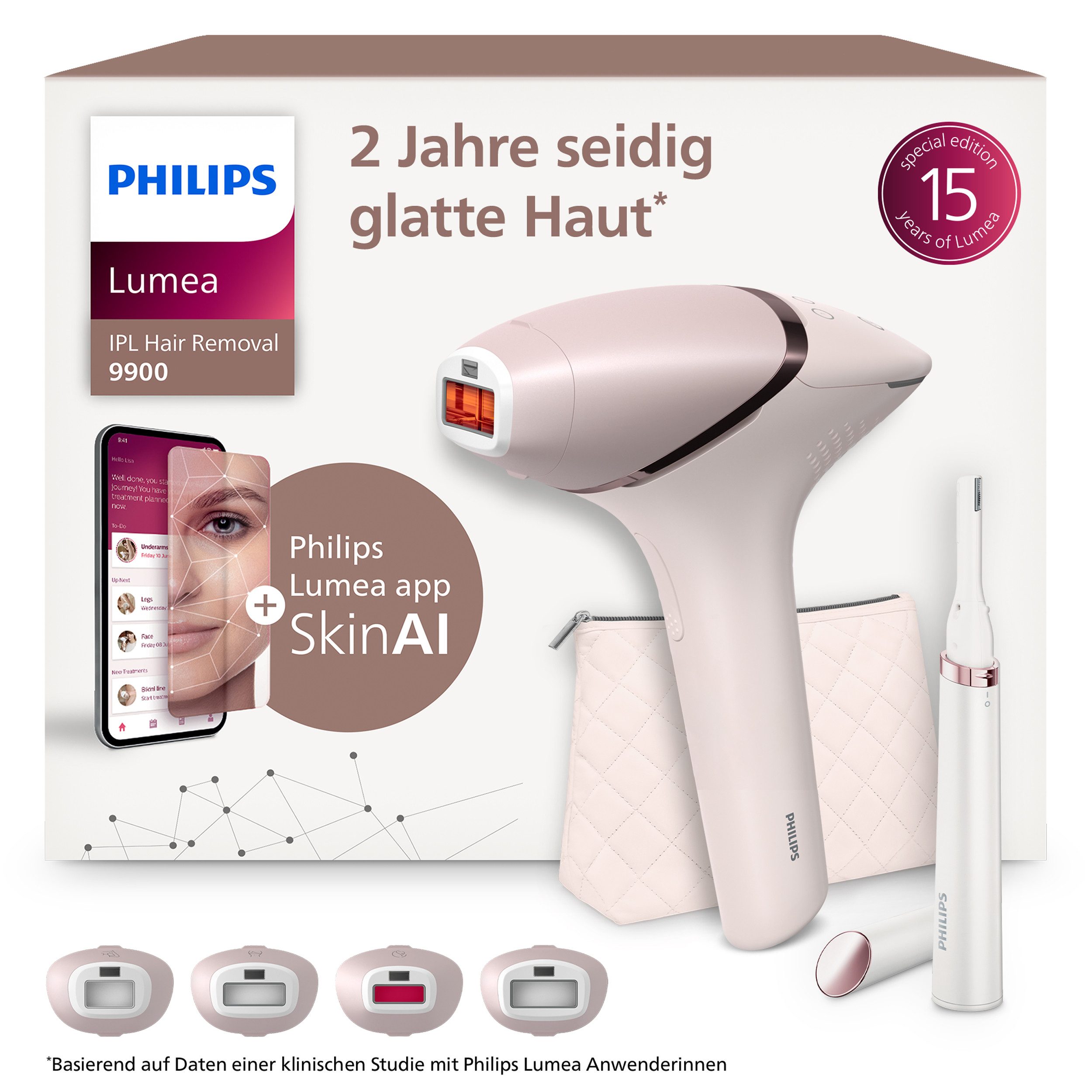 Philips IPL-Haarentferner Philips Lumea Series 9900 BRP959/00, 450.000 Lichtimpulse, 4 Aufsätze (Achseln, Bikinizone, Körper, Gesicht), 3 SkinAI Funktionen