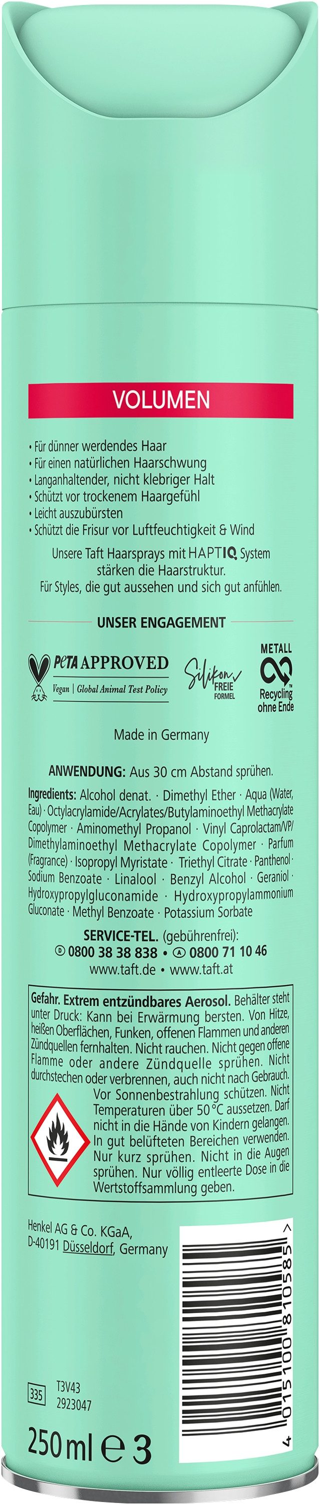 Taft Haarspray Schwarzkopf, Volumen für dünner werdende Haar, 1x 250ml, 1-tlg., Haltegrad 5, HAPTIQ-System