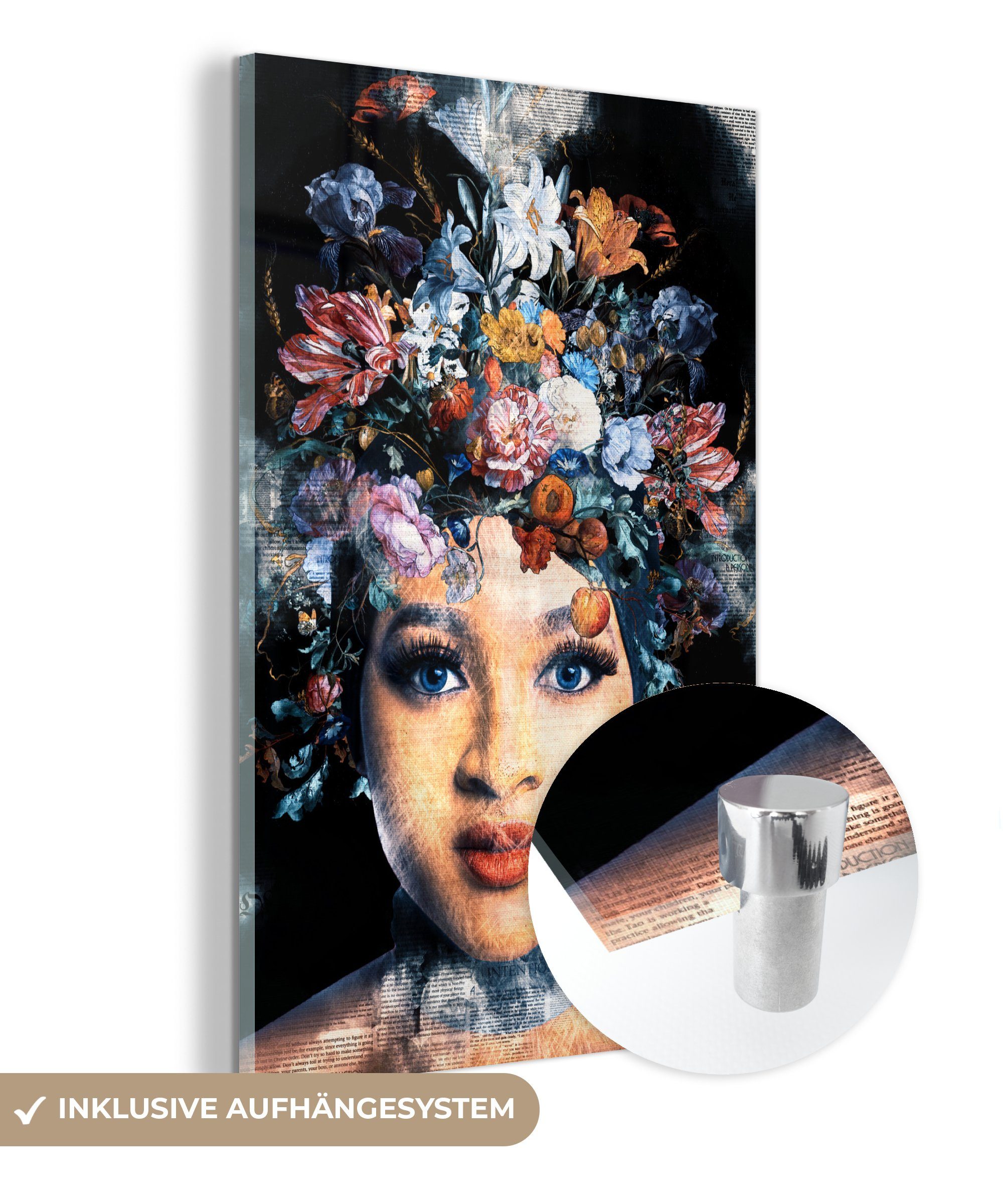 MuchoWow Acrylglasbild Frau - Blumen - Farbe, (1 St), Glasbilder - Bilder auf Glas Wandbild - Foto auf Glas - Wanddekoration