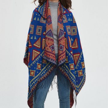 LAKKEC Strickponcho Damen Folk-StilPoncho Gestrickter chal Winterschal Umhang mit Kapuze 150x130+10cm