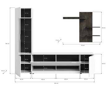 INOSIGN Wohnwand Porto, Breite 250cm, in Weiß/Beton Nachbildung, (3-St), TV-Wand, Mediawand, Lowboard, Vitrine, Wandboard
