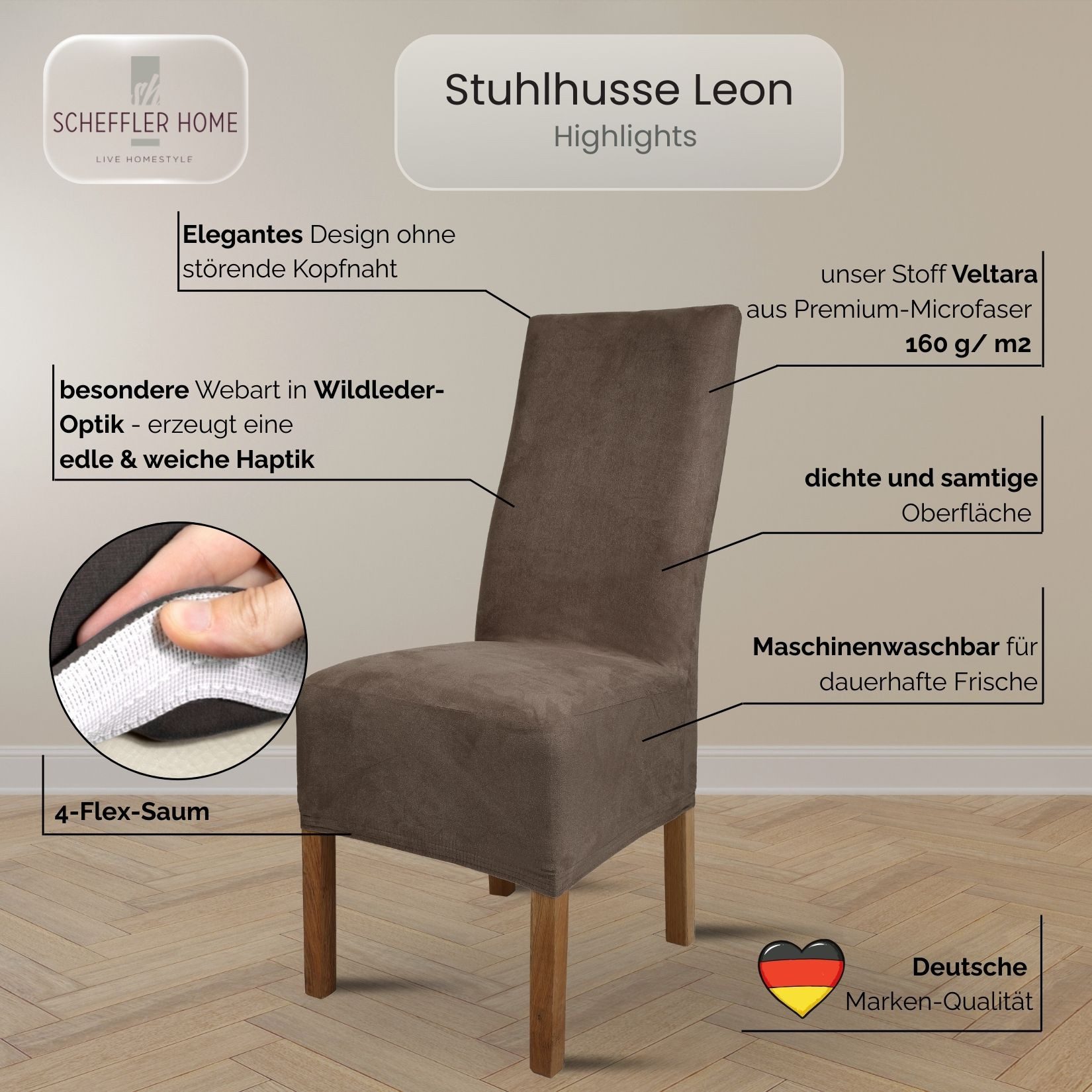 sh SCHEFFLER-HOME LIVE HOMESTYLE Stuhlhusse Leon Stoff Veltara, Premium-Microfaser Veltara in edler Wildleder-Optik