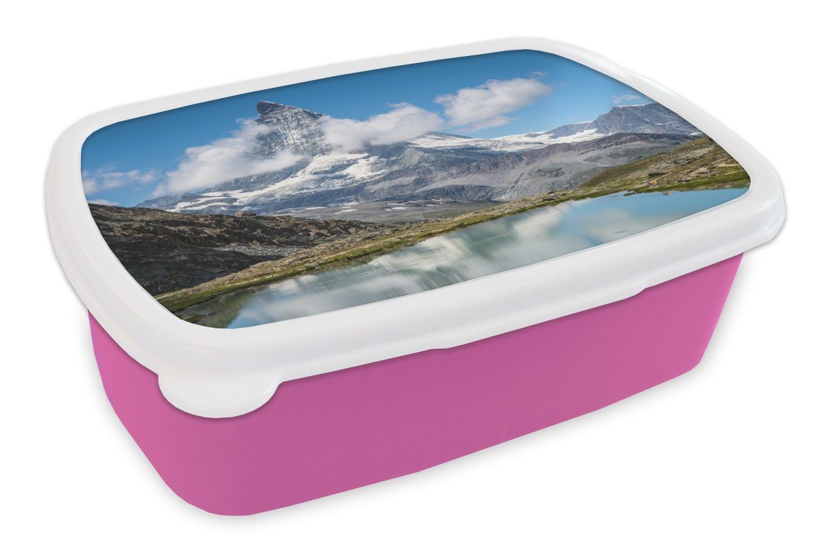 MuchoWow Lunchbox Schweizer Matterhorn am Nachmittag neben dem Riffelsee in Zermatt, Kunststoff, (2-tlg), Brotbox für Erwachsene, Brotdose Kinder, Snackbox, Mädchen, Kunststoff rosa