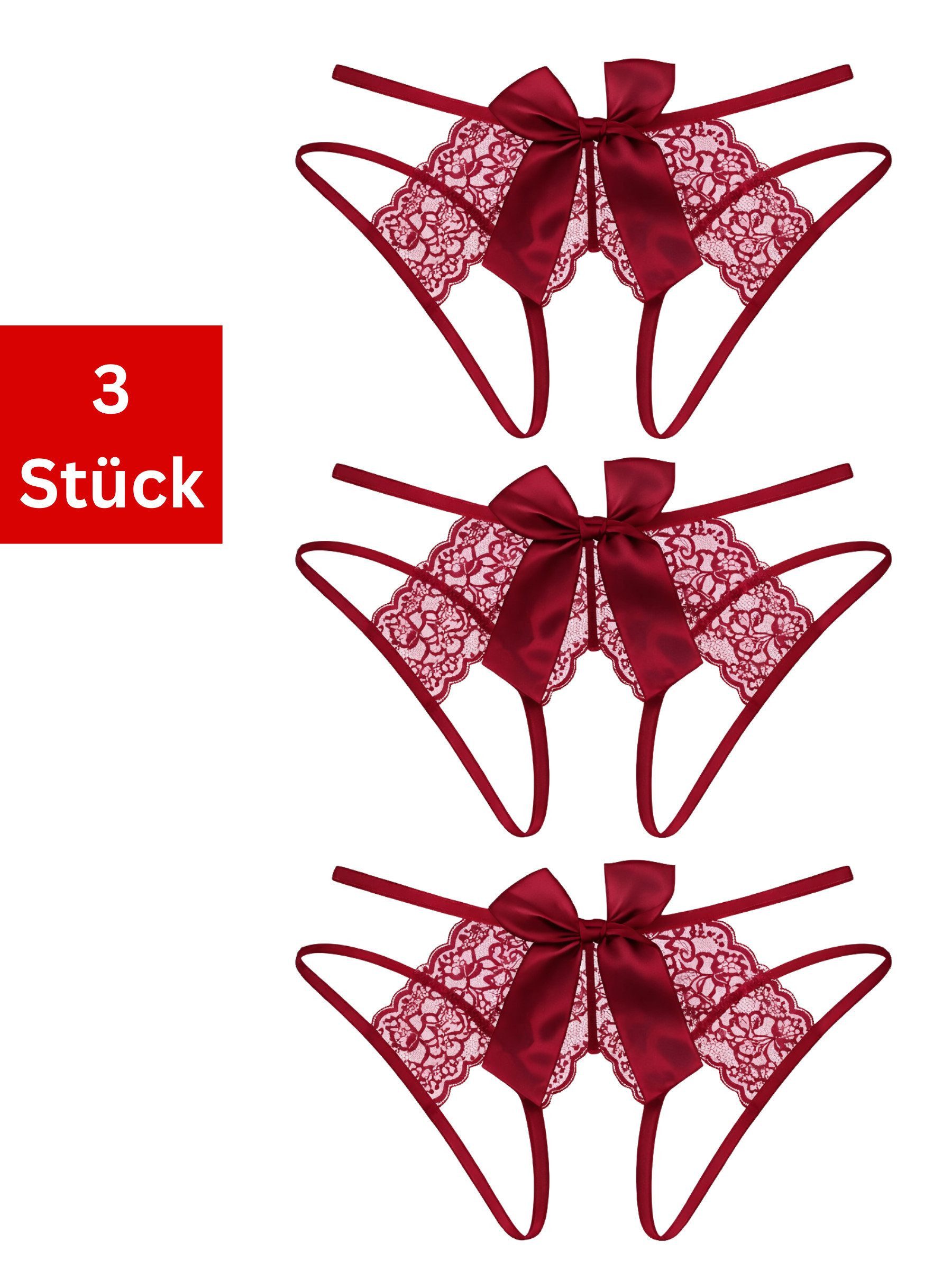 Elegant Love Tanga-Ouvert Damen Slip-Ouvert: Spitzen-Tanga mit offenem Schritt (Packung, 3-St., 3er-Pack) Damen String aus transparentem Material – elegantes Dessous