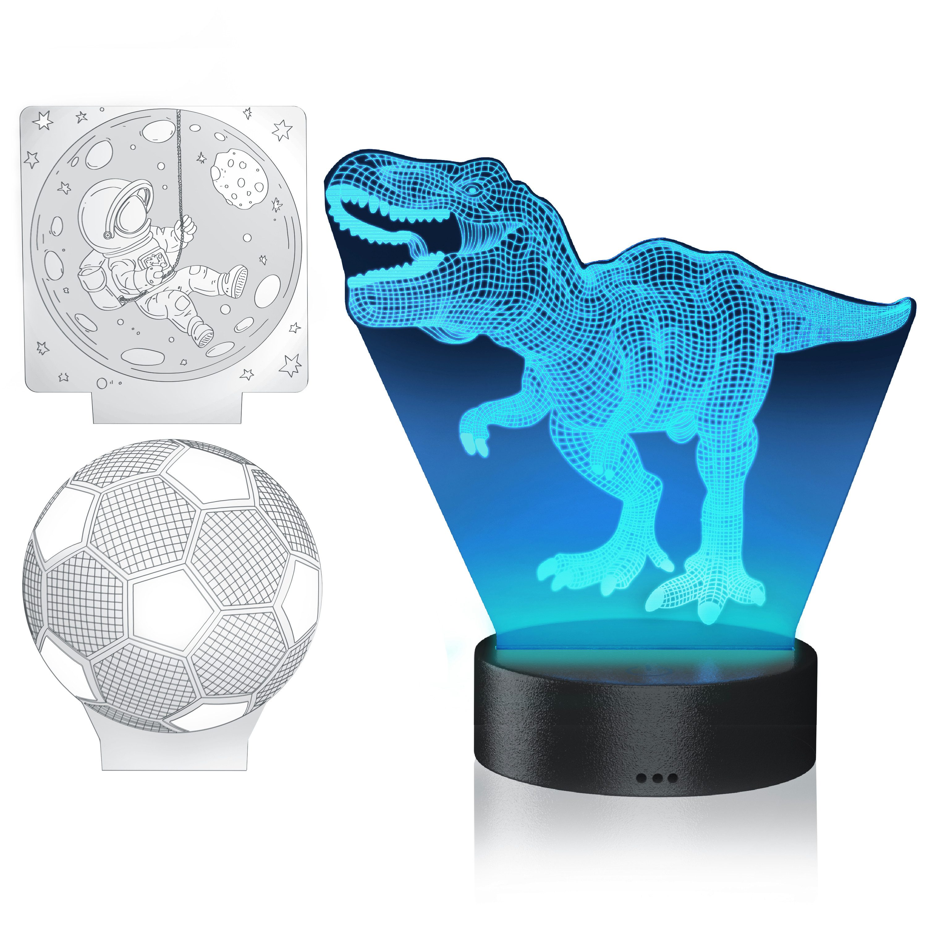 MyBeo LED Nachtlicht 3D Effekt Tischlampe für Kinder, Jungs & Mädchen, Nachtleuchte dimmbar, Dimmfunktion; Farbwechsel; mehrere Helligkeitsstufen; Nachtlichtfunktion, LED fest integriert, Farbwechsler, 3 Motive (Dino, Fußball, Mond), RGB Farbwechsel, Touch, Fernbedienung