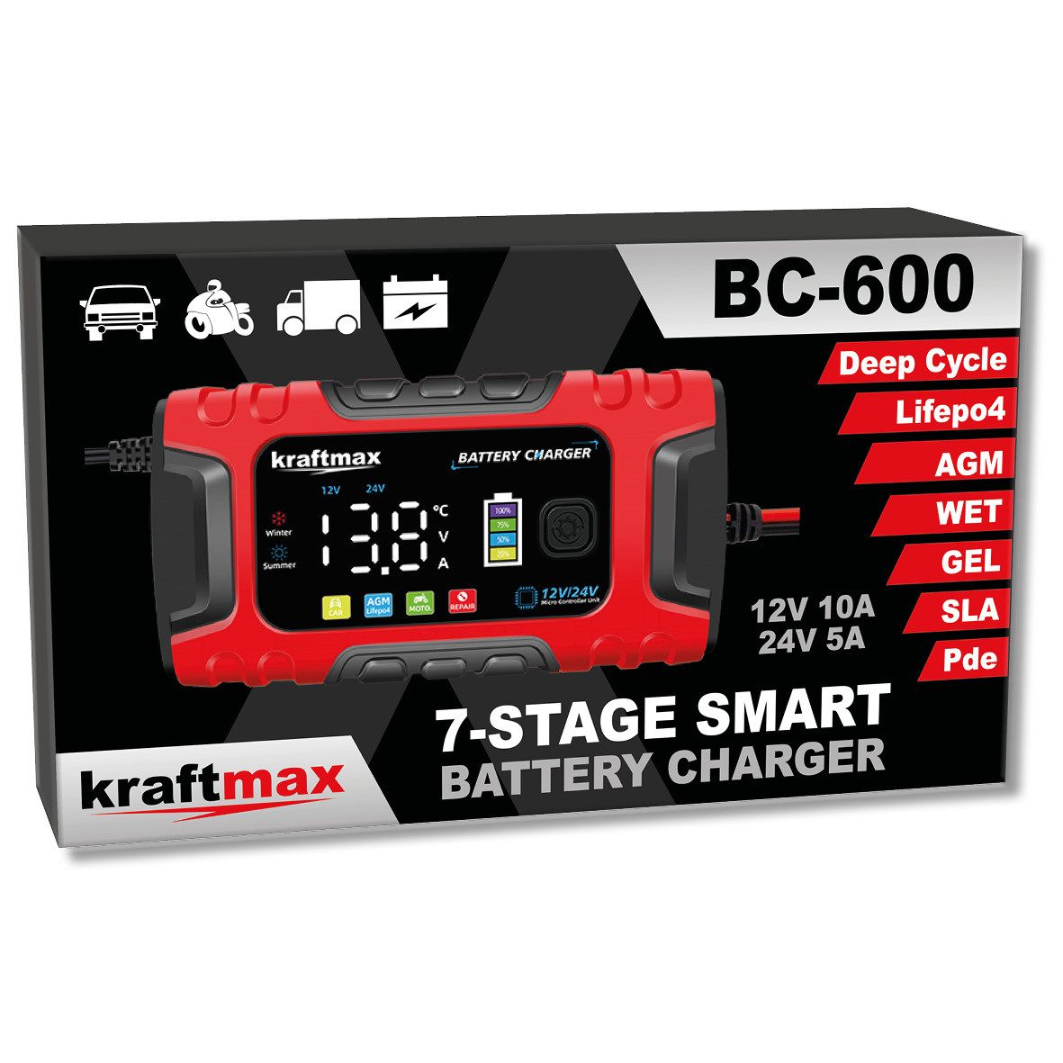 kraftmax BC-600 KFZ Ladegerät 12/24V 10A LCD für AGM Gel Blei LiFePO4 Akku Batterie-Ladegerät (1-tlg)
