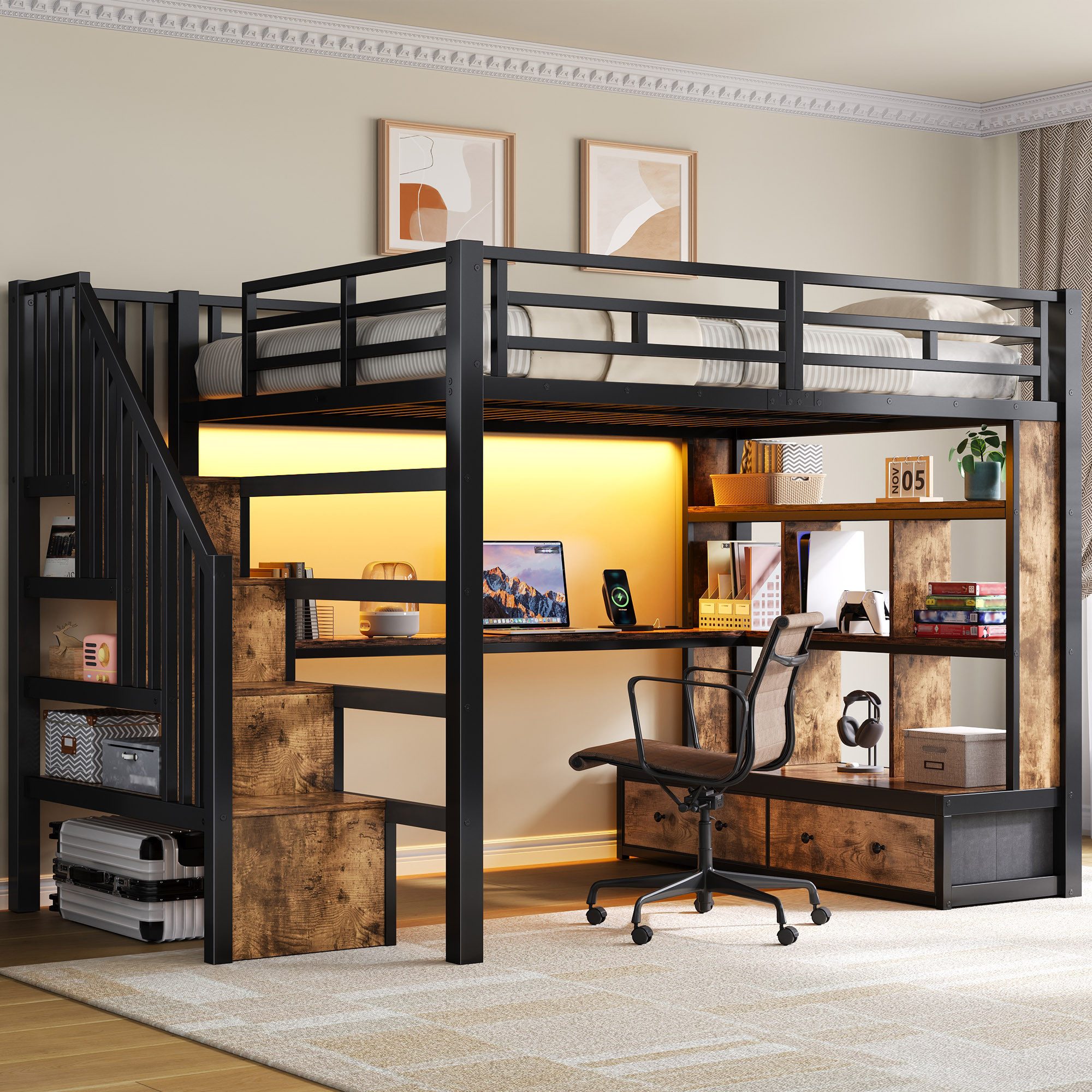 Merax Hochbett 140x200cm mit LED-Beleuchtung (Metallbett Jugendbett Loftbett, 1-St) Kinderbett mit 2 Schubladen, Schreibtisch, Regalen & Stauraumtreppe