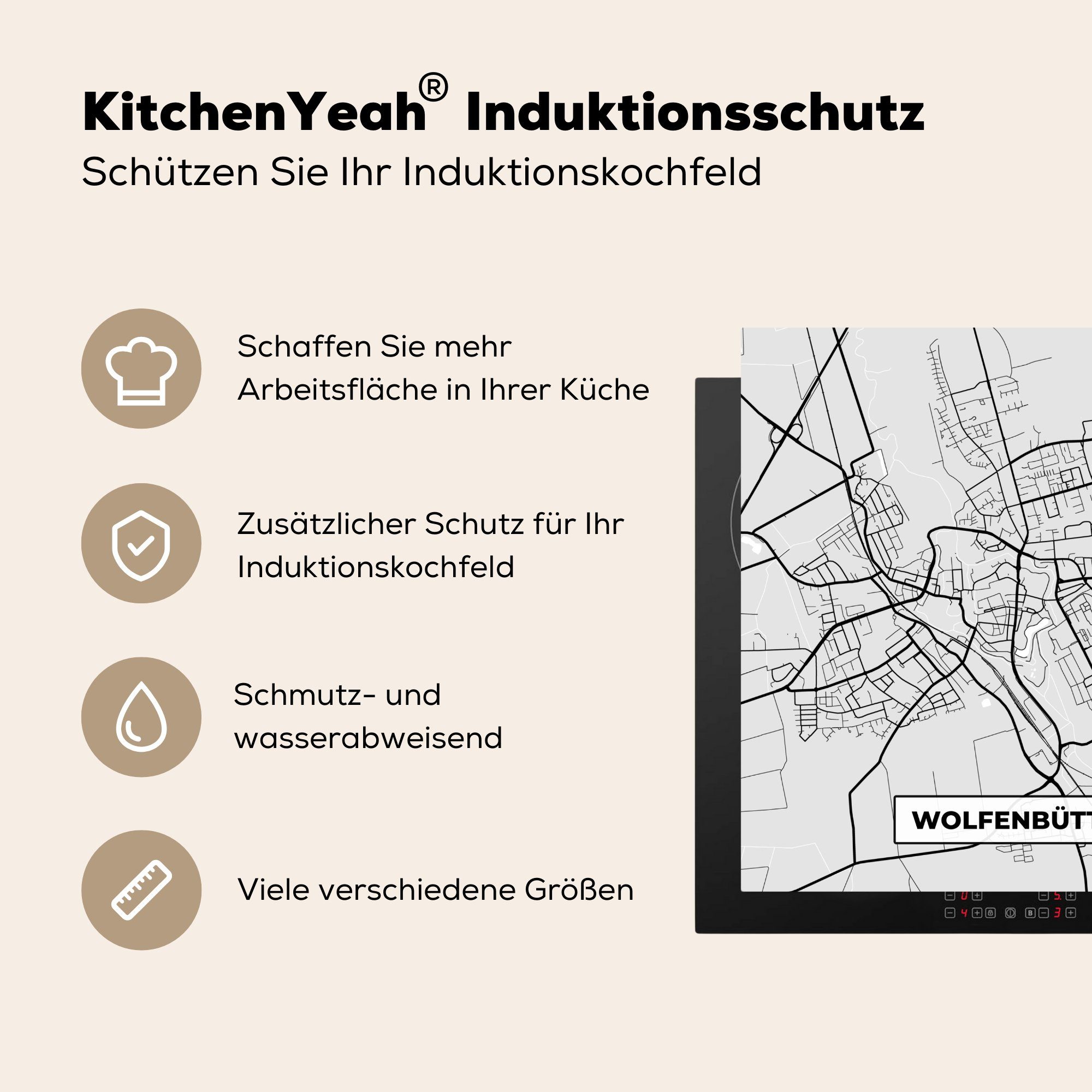 tlg), Wolfenbüttel für Stadtplan cm, Deutschland, Ceranfeldabdeckung, MuchoWow küche (1 Arbeitsplatte Vinyl, - 78x78 Karte - - Herdblende-/Abdeckplatte