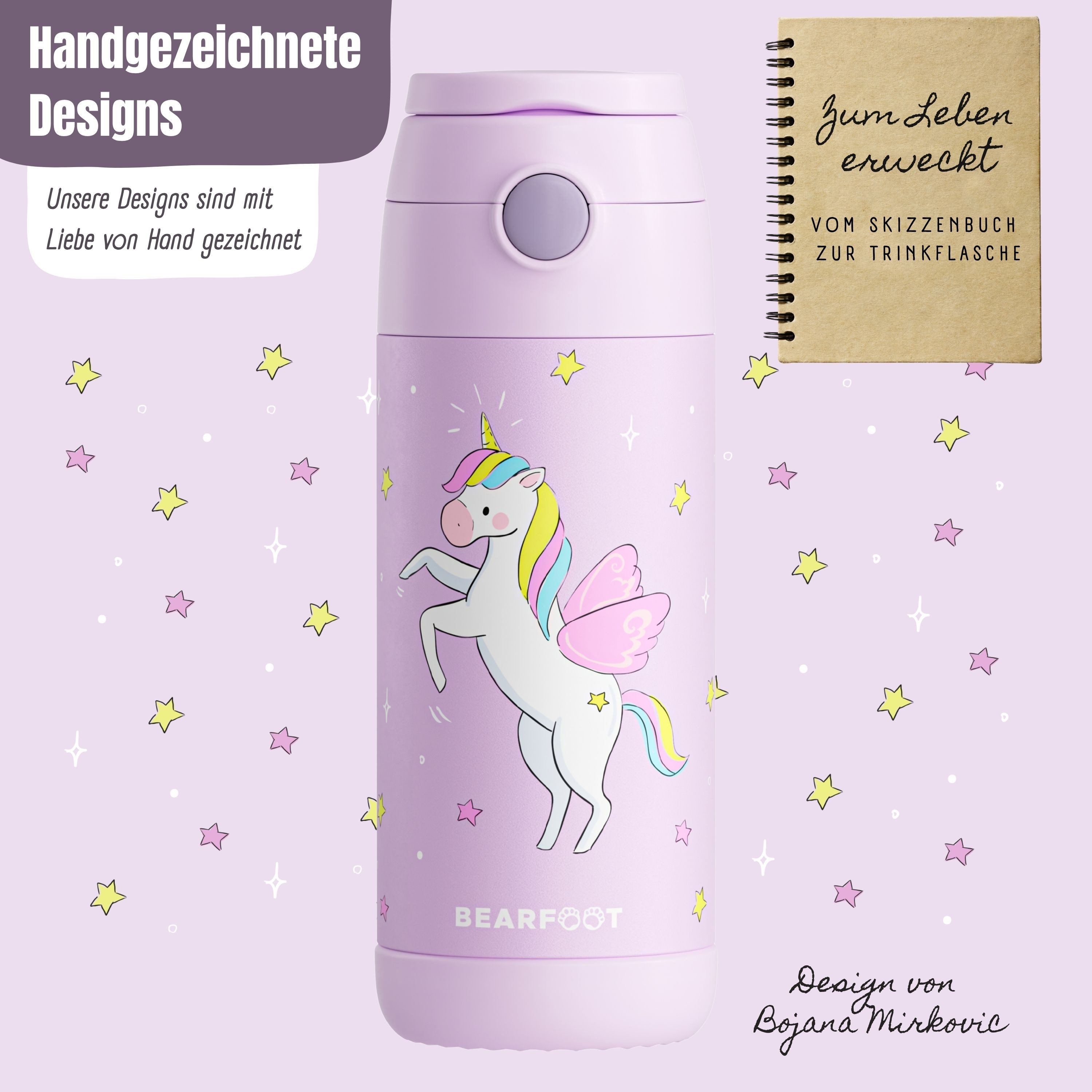 BEARFOOT Trinkflasche Thermo Kinder Trinkflasche Edelstahl - Einhorn lila, Thermosflasche, auslaufsicher, Edelstahl, Kinderflasche, BPA-frei – Bild 4 von 5