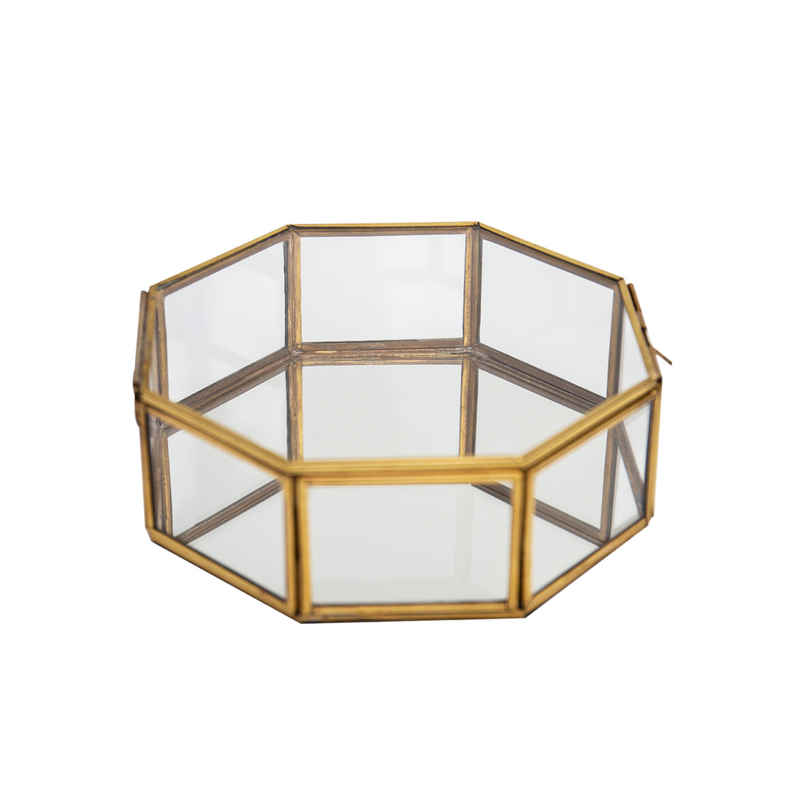 LaLe Living Schmuckkasten Glasbox Ava in Gold 18 x 6 cm Oktogon zur Aufbewahrung Achteck geometrisch dekorativ, verspiegelter Boden mit Glastür zum Verschließen