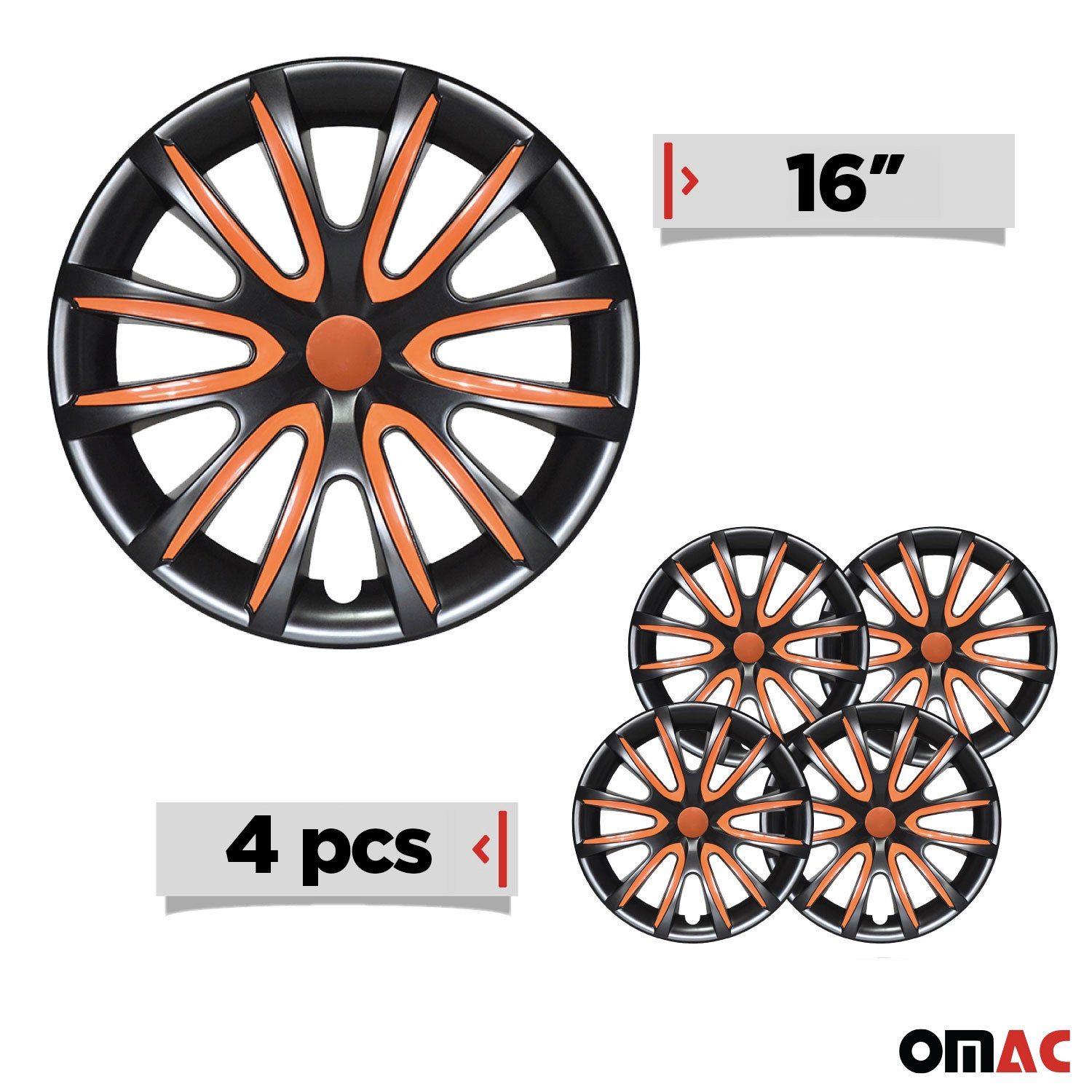 OMAC Wheel Covers 4x Wheel Covers 16 inch Black & Orange, (4-Piece Set) Easy Installation, Lightweight, Car Wash Safe