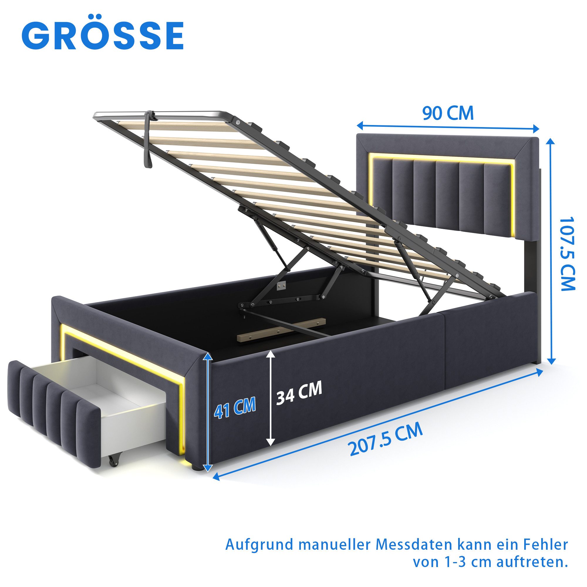 STILVORA Polsterbett 90×200 mit bettkasten,Funktionbett Boxspringbett mit LED & Schubladen (verstärkter Metallrahmen, stabiler Lattenrost, Gepolstertes Kopfteil – Bild 5 von 5