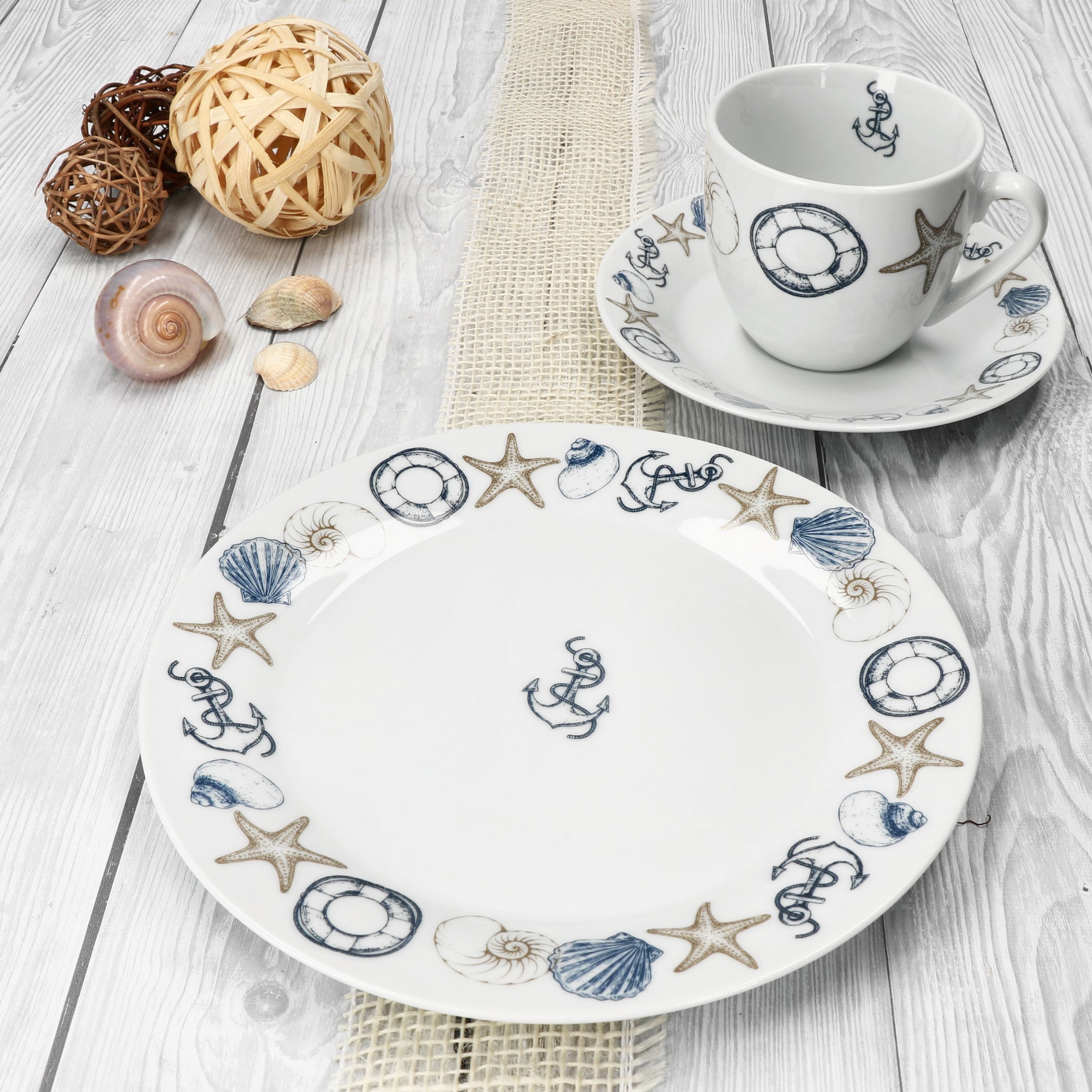 MamboCat Kaffeeservice Neptun 18tlg Kaffeeservice Porzellan 6Pers Tasse Teller Anker maritim, Porzellan