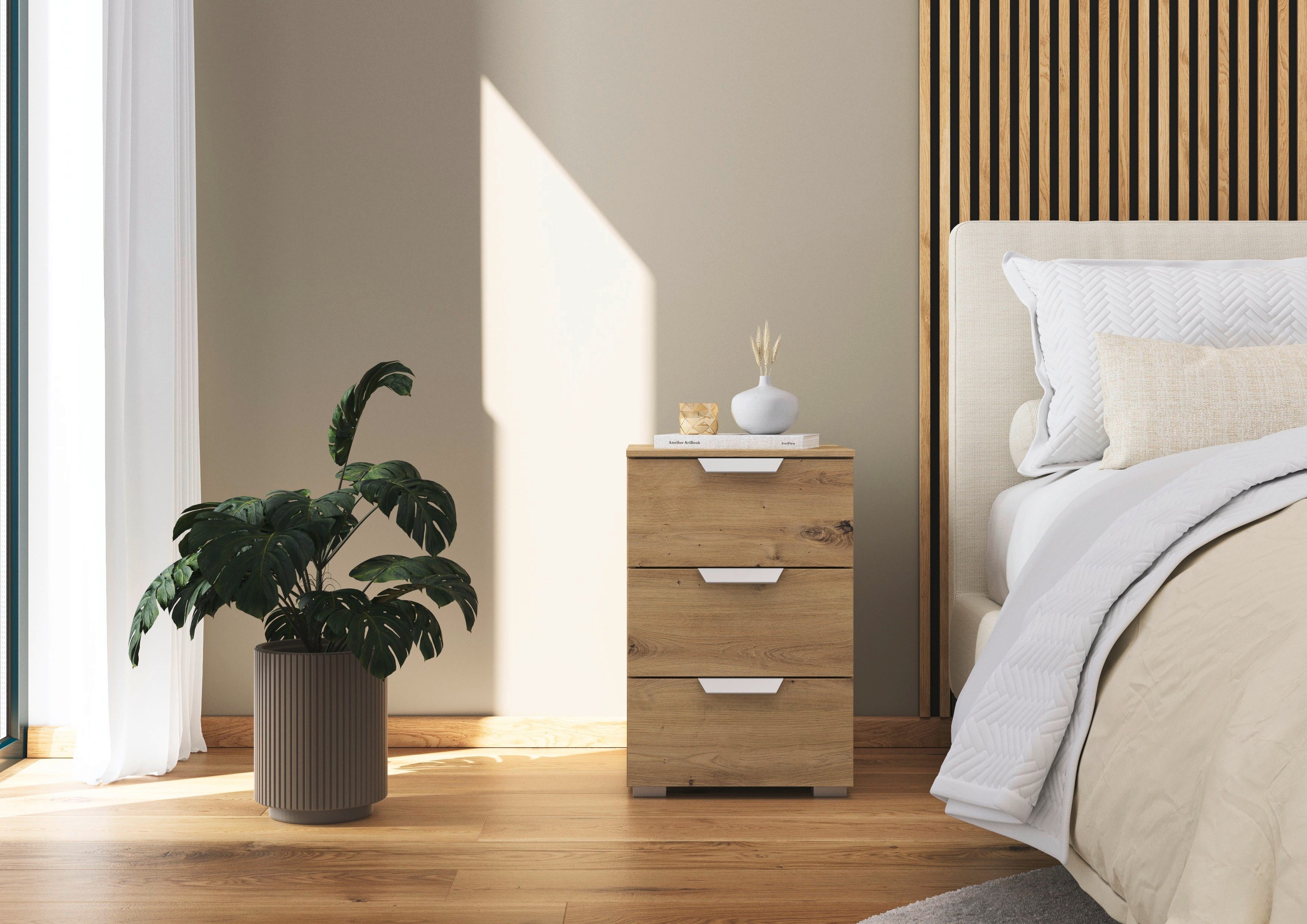 OTTO home Nachtkommode Nachttisch Nachtschrank Schubladen Sideboard Schubladenkommode ORIAS (Breite 40 cm, mit eleganter Dekor- oder Hochglanzfront), mit 3 geräumigen Schubladen für viel Stauraum MADE IN GERMANY