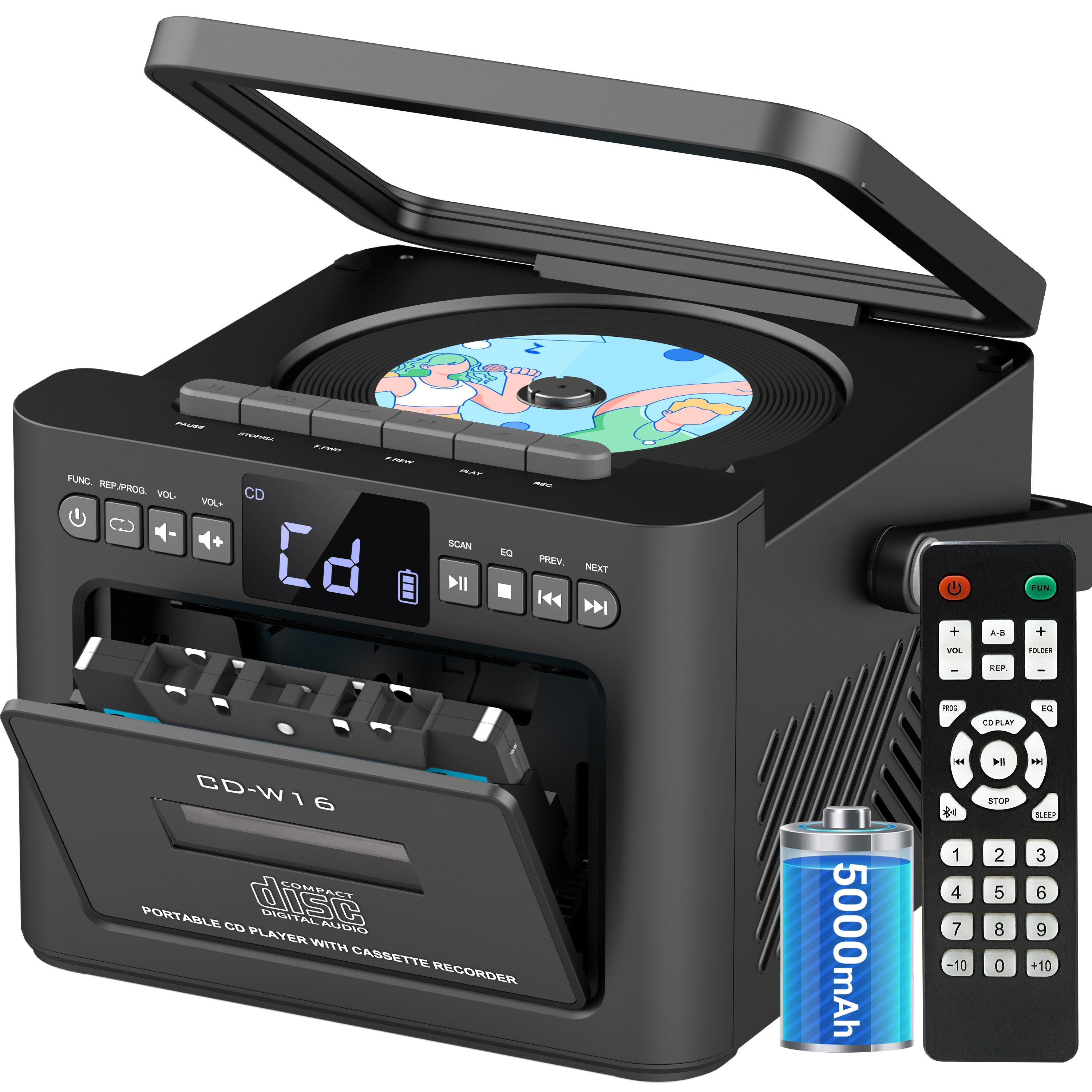 Greadio W16 Tragbarer CD-Player Kassettenrekorder mit Bluetooth 5.1 FM Radio CD-Player (Bluetooth)