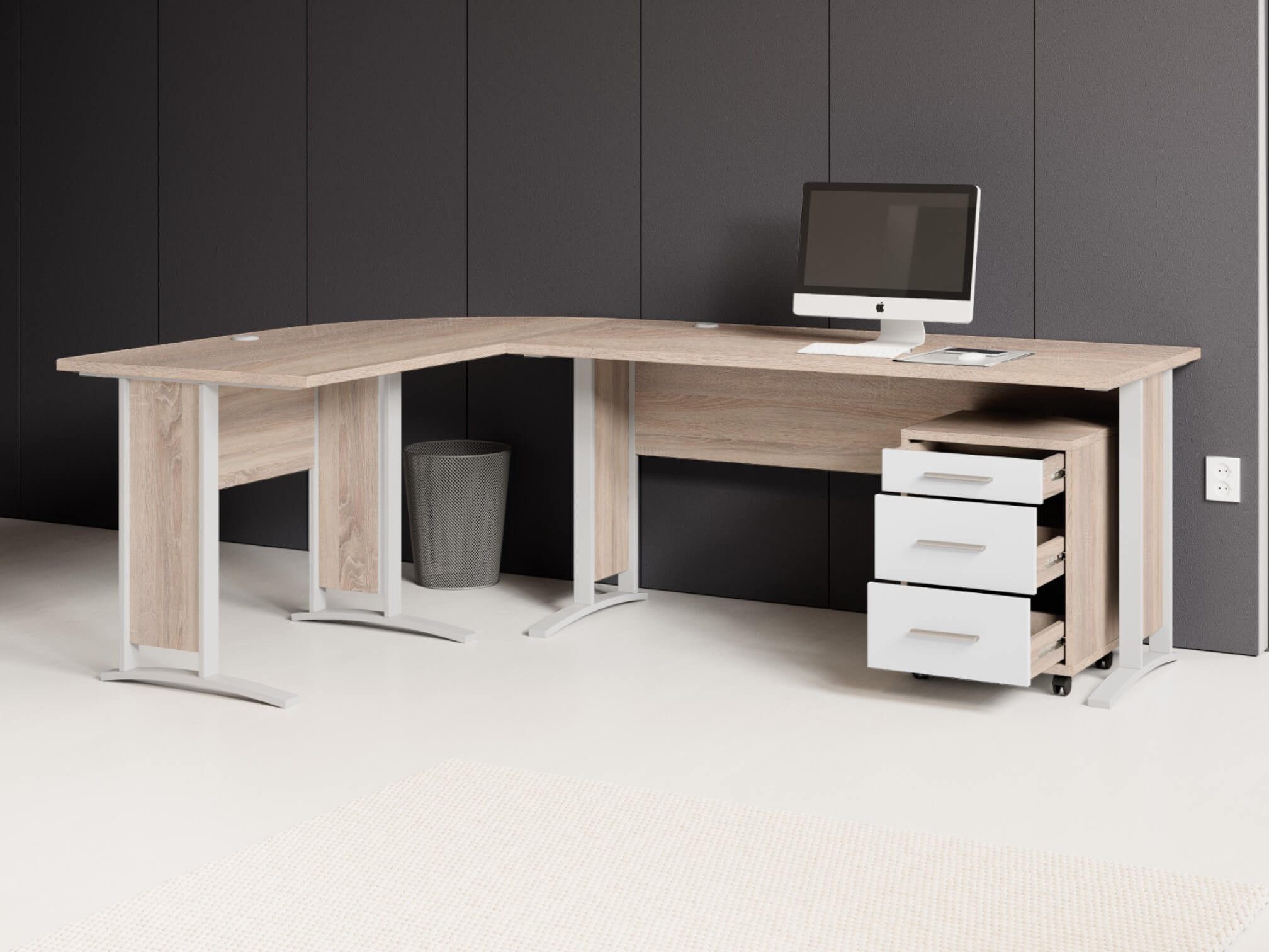 moebel-dich-auf Eckschreibtisch OFFICE LINE (Winkelschreibtisch, inkl. Rollcontainer), in Eiche Sonoma / weiß, wechselseitig montierbar