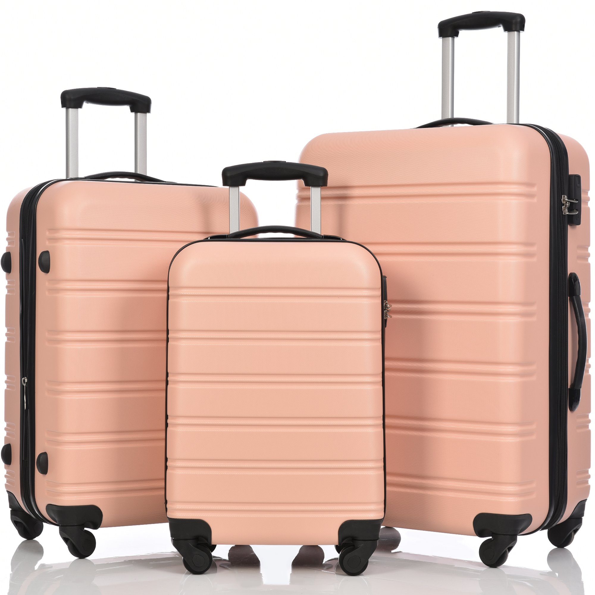 ABS-Material Trolley Handgepäck, OKWISH 3-tlg, Hartschalenkofferset 4 Hartschalen-Koffer, Rollen, Reisekoffer, Rollkoffer, Rosa