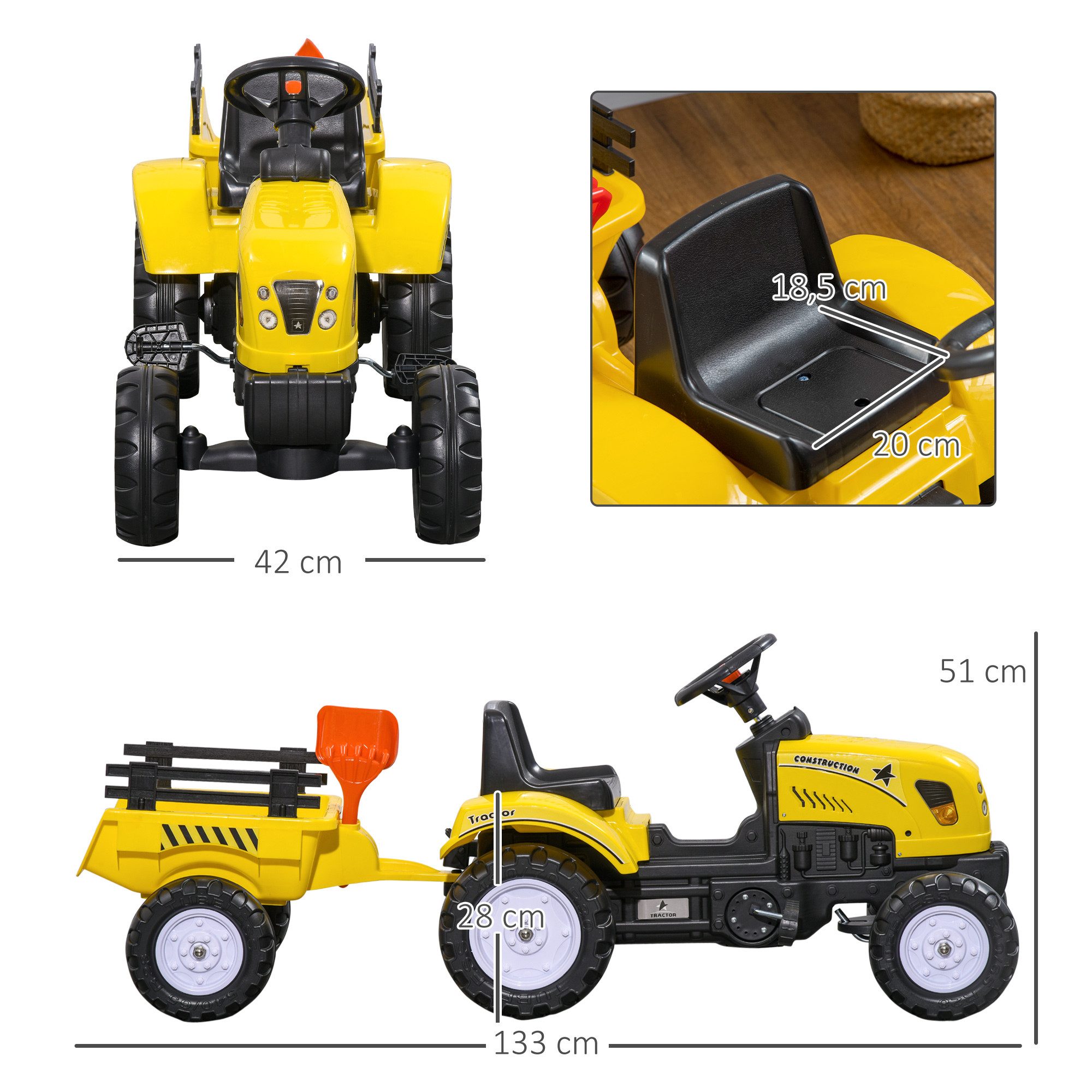 HOMCOM Rutscher Trettraktor mit Anhänger Tretauto für Kinder ab 3 Jahren Outdoor, (Kindertrettraktor, 1-tlg., Spielfahrzeug), Metall Gelb 133 x 42 x 51 cm