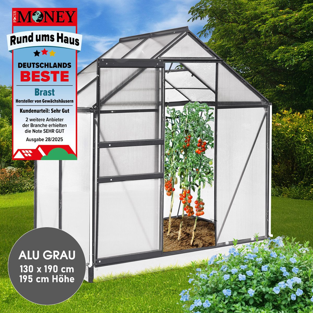 BRAST Gewächshaus Aluminium mit Fundament rostfrei 130x190x195cm, BxTxH: 190 x 130 x 195 cm, wetterfestes hochwertiges Aluminium, Temperaturbeständig, Wärmedämmend, Lichtbrechend & UV-stabilisiert