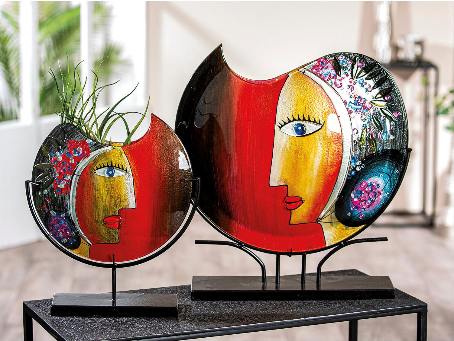 Casablanca by Gilde Dekovase Glasart Deko Vase Face "Cloe", Höhe ca. 48 cm (1 St), aus Metall und Glas, handbemalt mit Fusingglaselementen