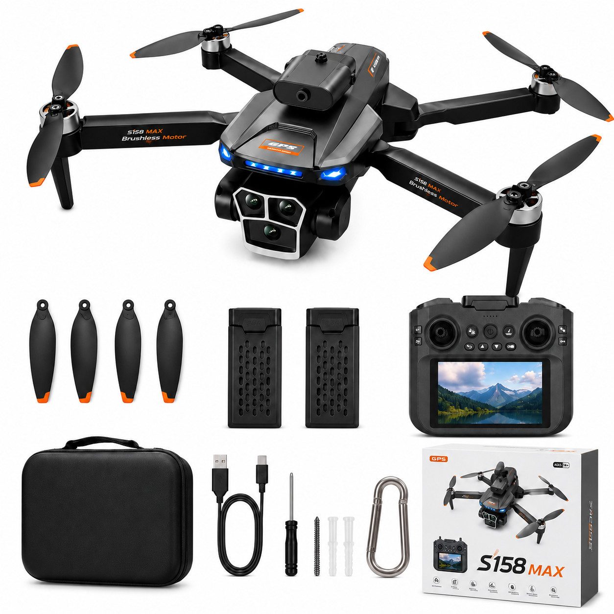 Goldstern-Tech RC-Quadrocopter (mit Full-HD Display-Controller & Liveübertragung, bis 60min Flugzeit), inkl. 8GB SD-Karte, Display-Controller, Headless-Modus & Auto-Return