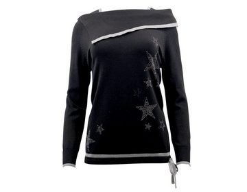 Passioni Strickpullover Pullover mit asymmetrischem Kragen und Glitzerdetails Schwarz, Streifen, asymmetrischer Kragen, Glitzersteine