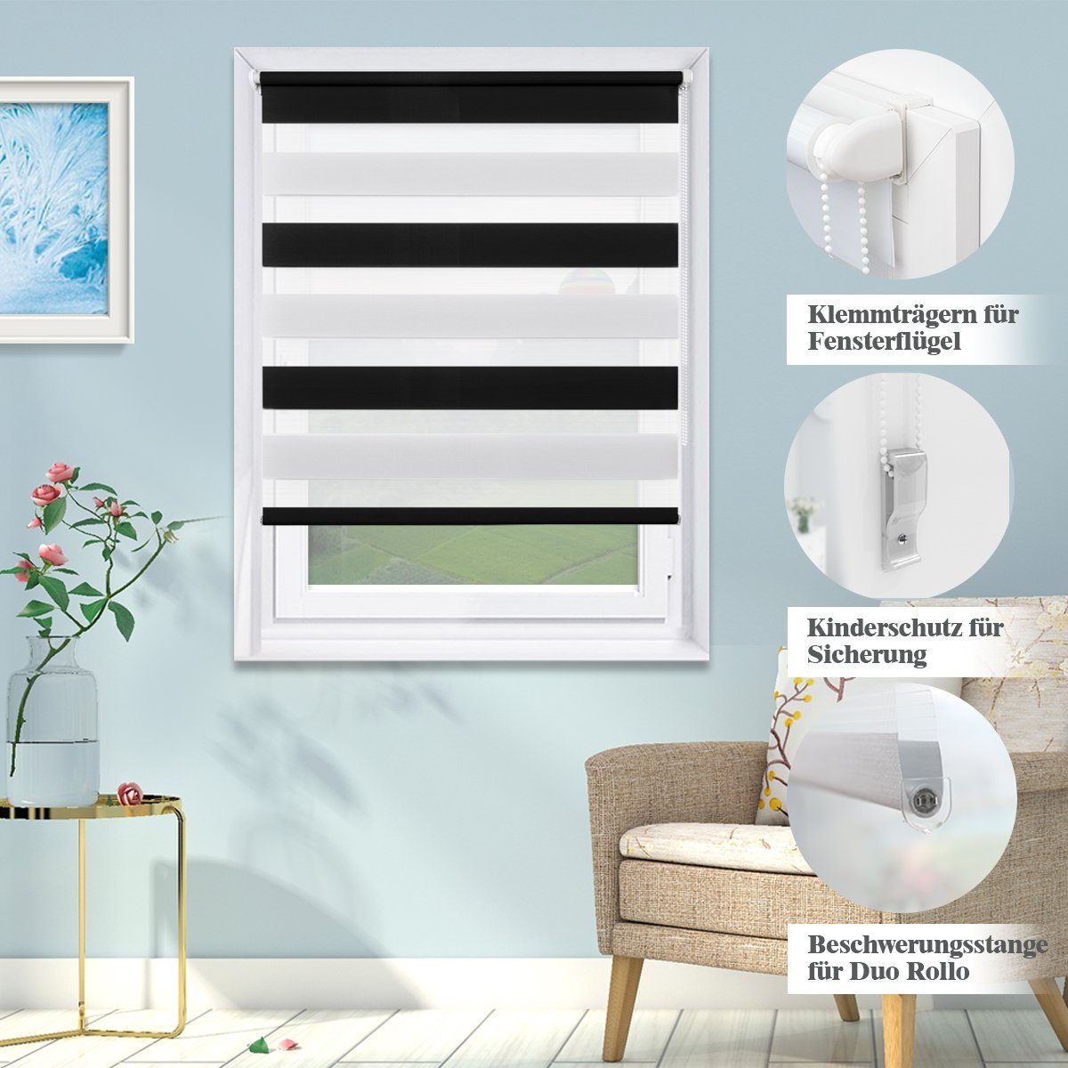 Doppelrollo ohne Bohren 130cm/150cm/230cm, OUBO, freihängend, Klemmfix, rollo für Fenster und Tür mit Klemmträger Lichtschutz und Sichtschutz – Bild 3 von 5