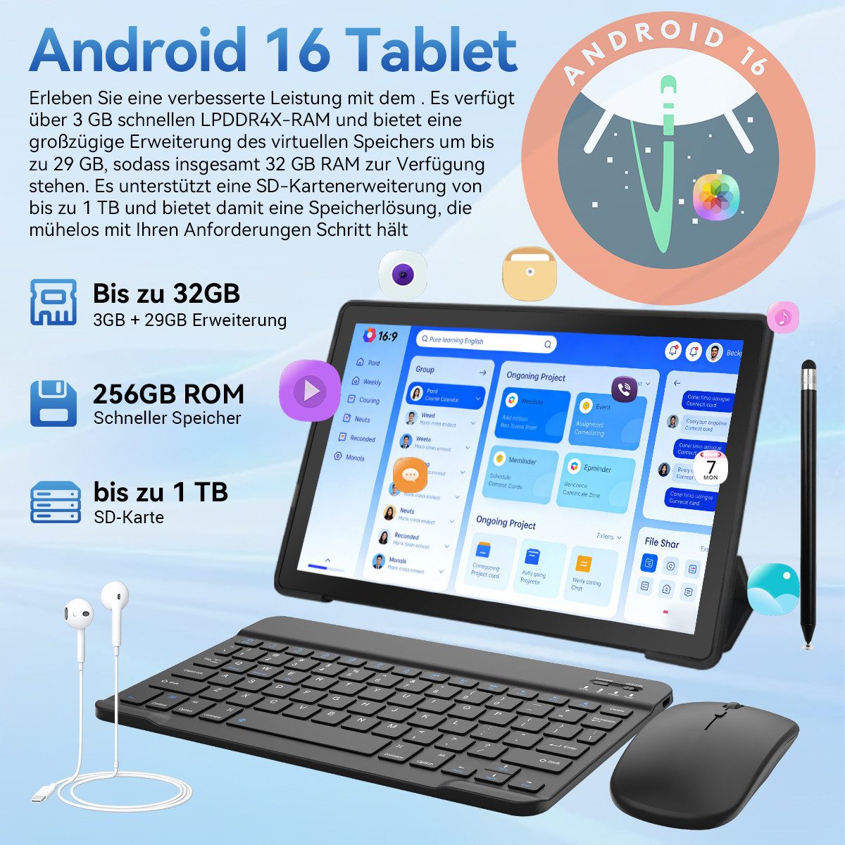 Happybe 11 Zoll Android 16, HD 1280x800, 7800mAh, Wifi 6, 128 GB/256GB Tablet (11", 256 GB, Android, 5 Kerne) schwarz