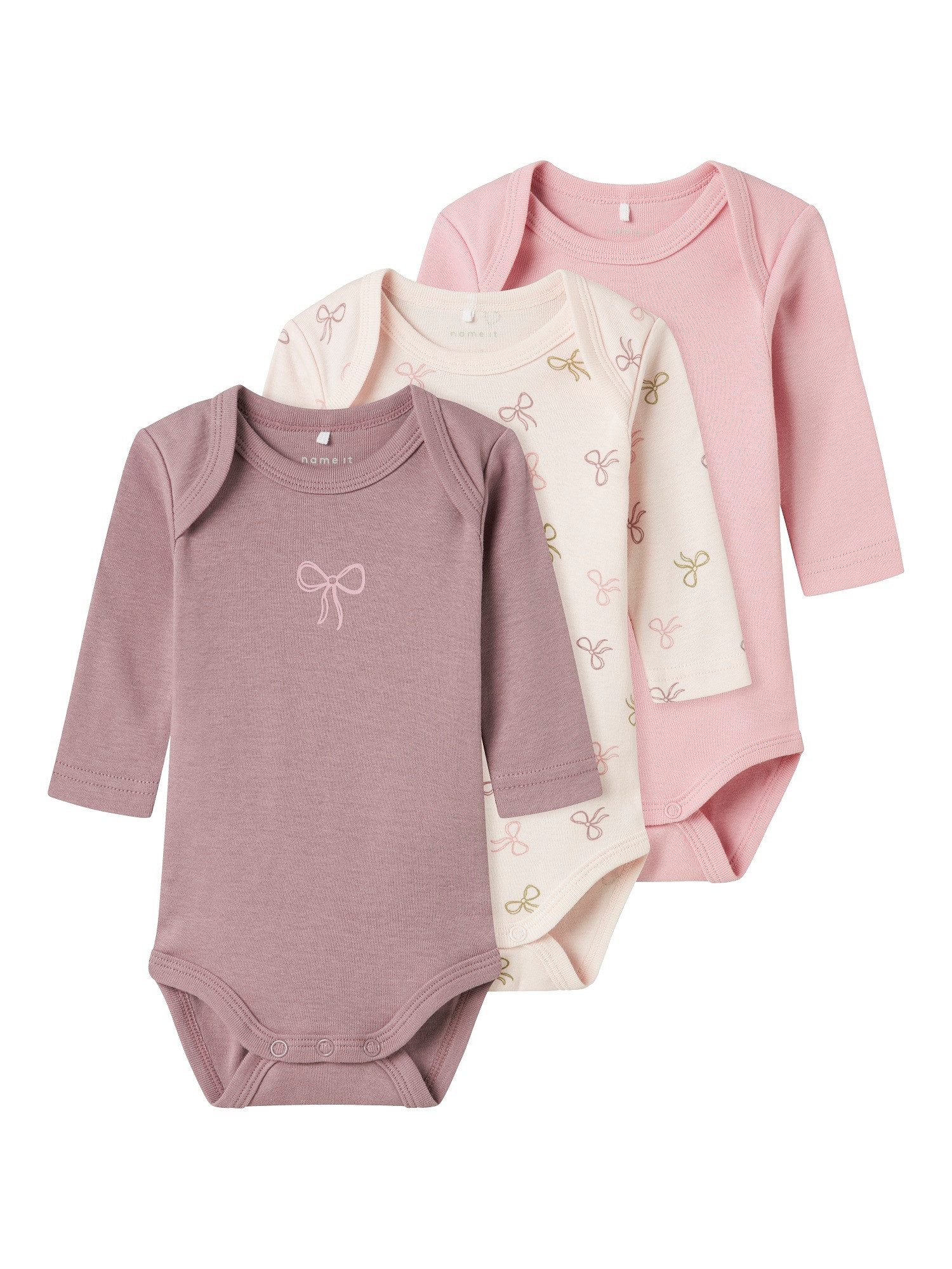 Name It Langarmbody Mädchen NBFBODY 3P LS BARELY PINK BOW NOOS (Packung, 3er-Pack) mit Druckknöpfen im Schritt