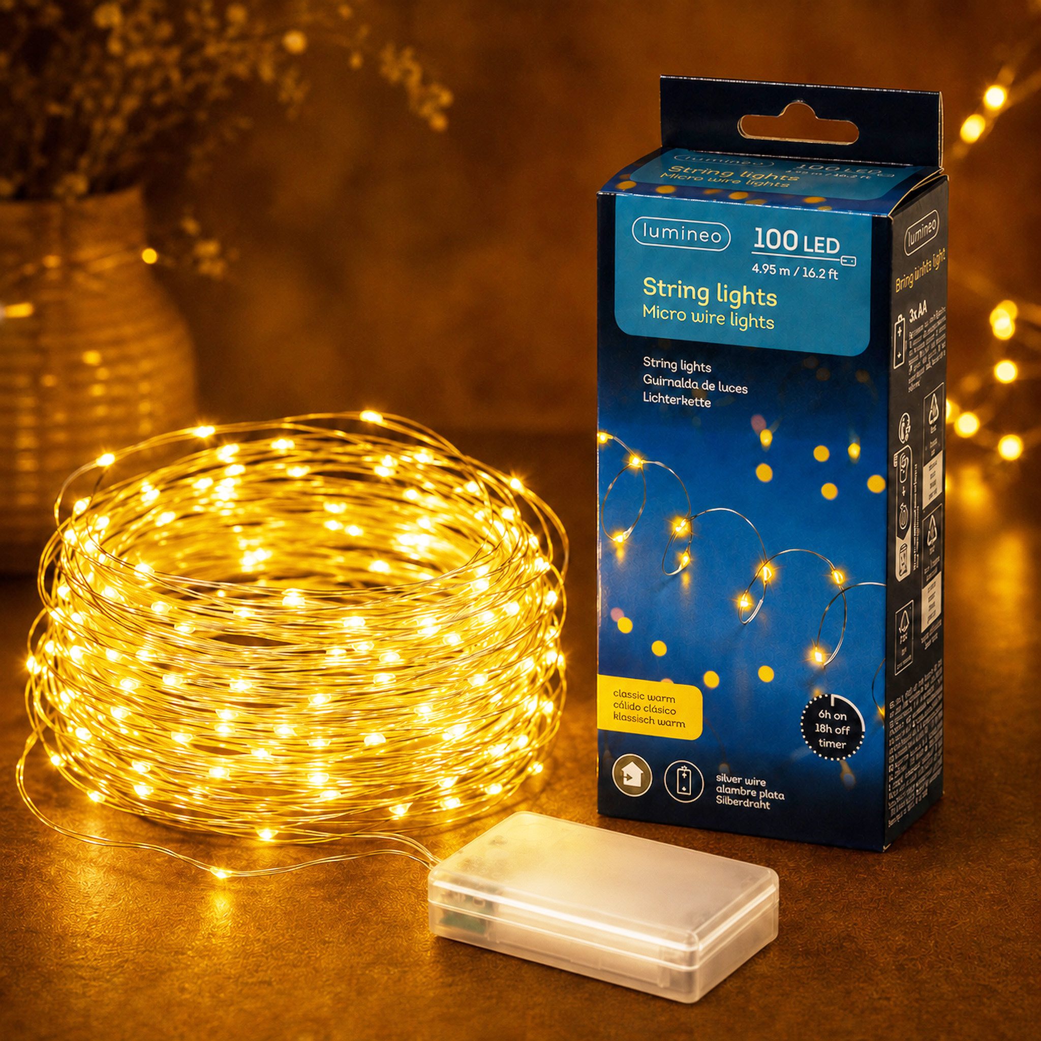 Lumineo LED-Lichterkette, LED Draht Lichterkette 4,95m Batterie 100 Micro-LEDs Klassisch Warm