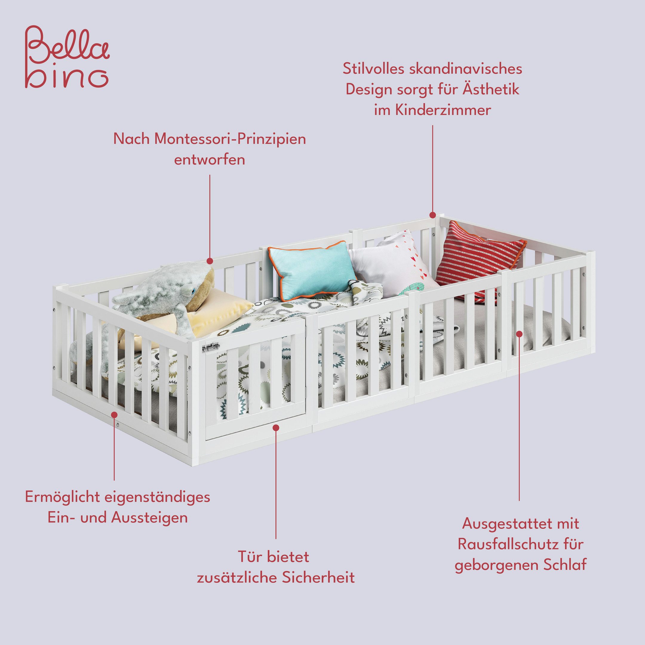 Bellabino Kinderbett Tapi (Bodenbett mit Rausfallschutz und Lattenrost, weitere Größen 70x140, 80x160, 120x200, 140x200 cm), aus Kiefer Massivholz