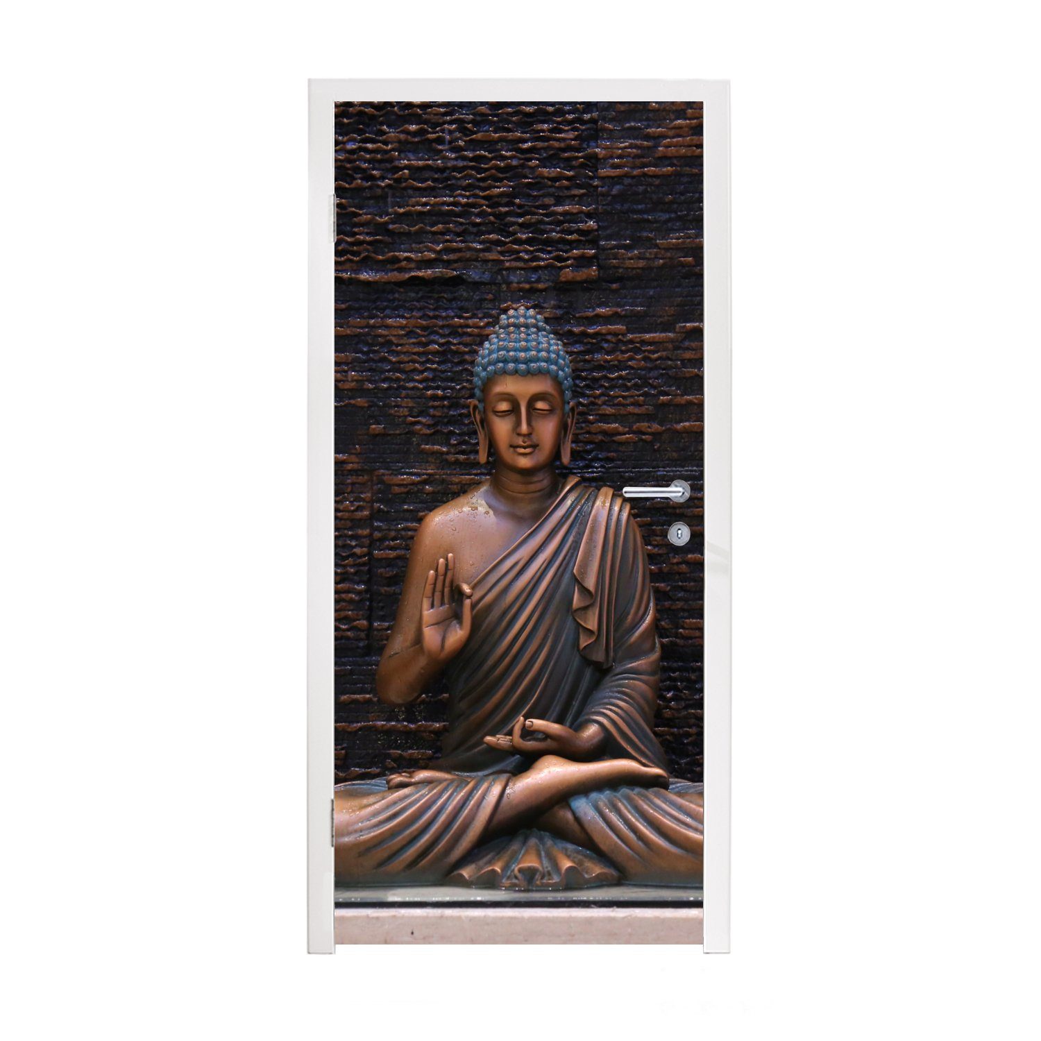 MuchoWow Türtapete Buddha - Buddha-Statue - Braun - Spirituell - Meditation, Matt, bedruckt, (1 St), Selbstklebende Tapete, Folie für Möbel, 75x205 cm