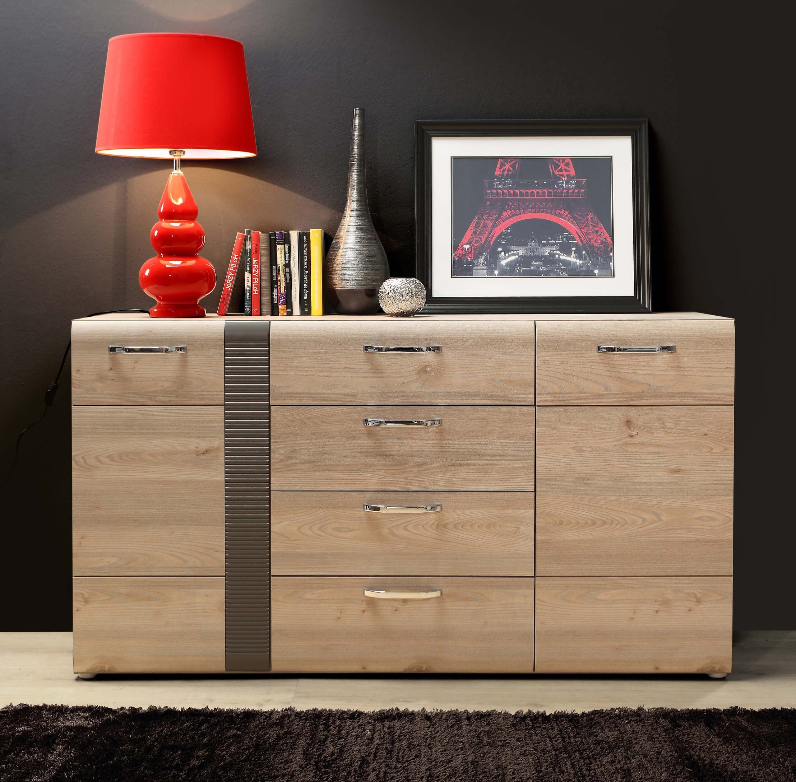 Newroom Kommode Nelson Eiche 151 cm, Kommode Nelson Eiche Modern Sideboard Highboard Wohnzimmer