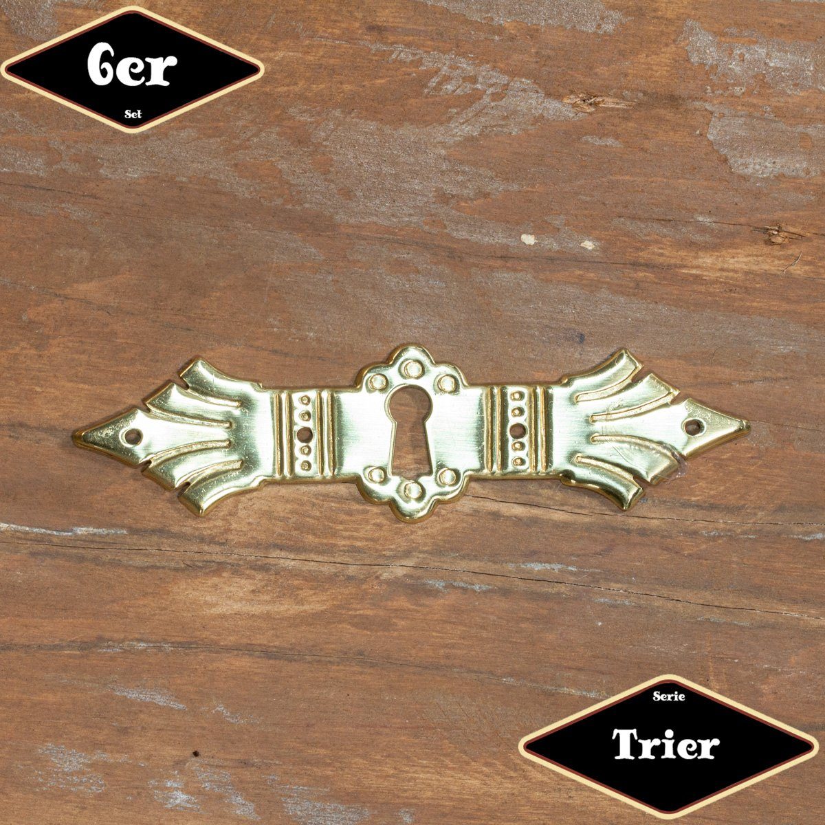 Antikas Möbelbeschlag Schlüsselplatte,Serie"Trier",6er Pack, Messing gl., H3,3xB12,3cm