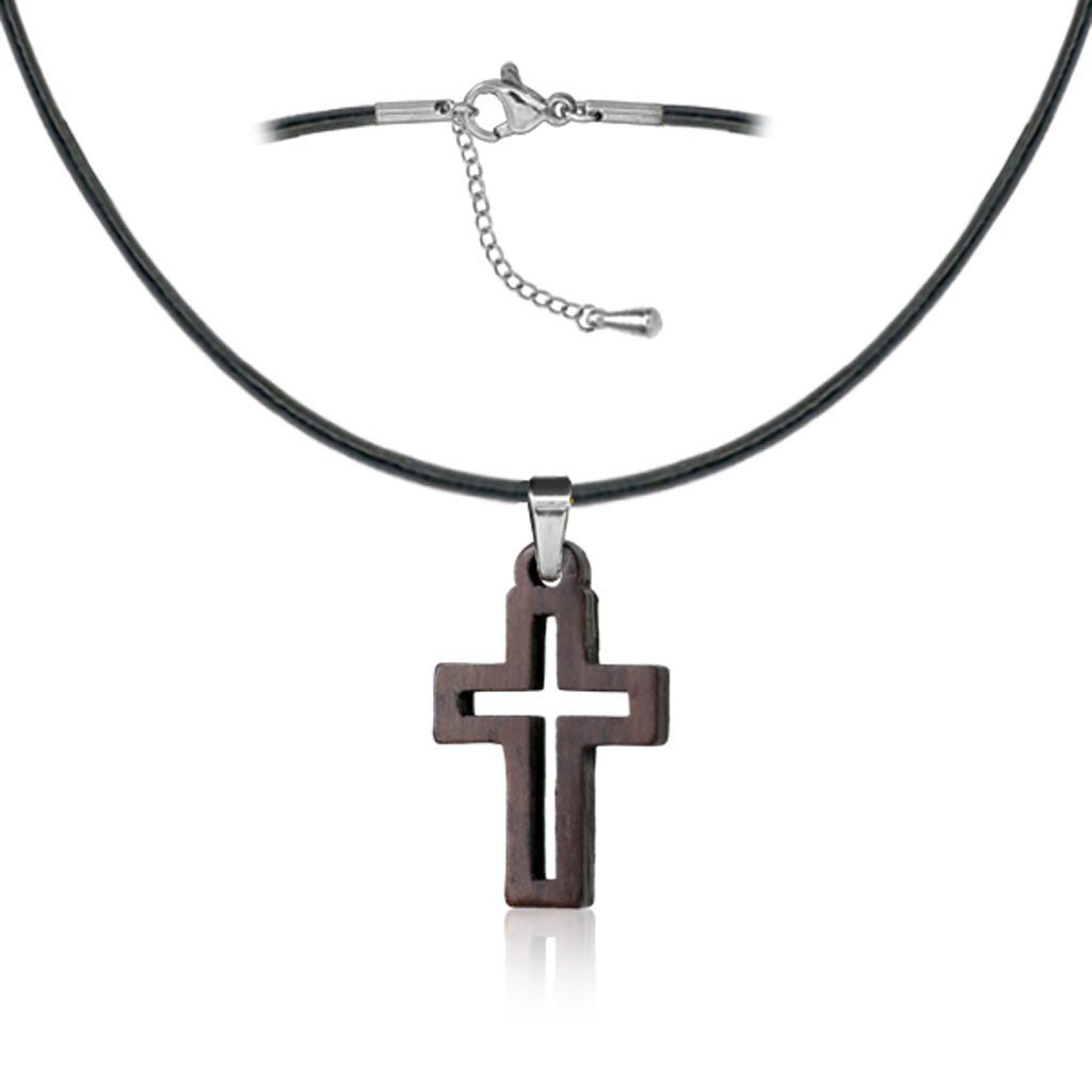 viva-adorno Kreuzkette Holz Kreuz mit Edelstahlkette oder Lederband - Länge verstellbar, perfekt als Geschenk