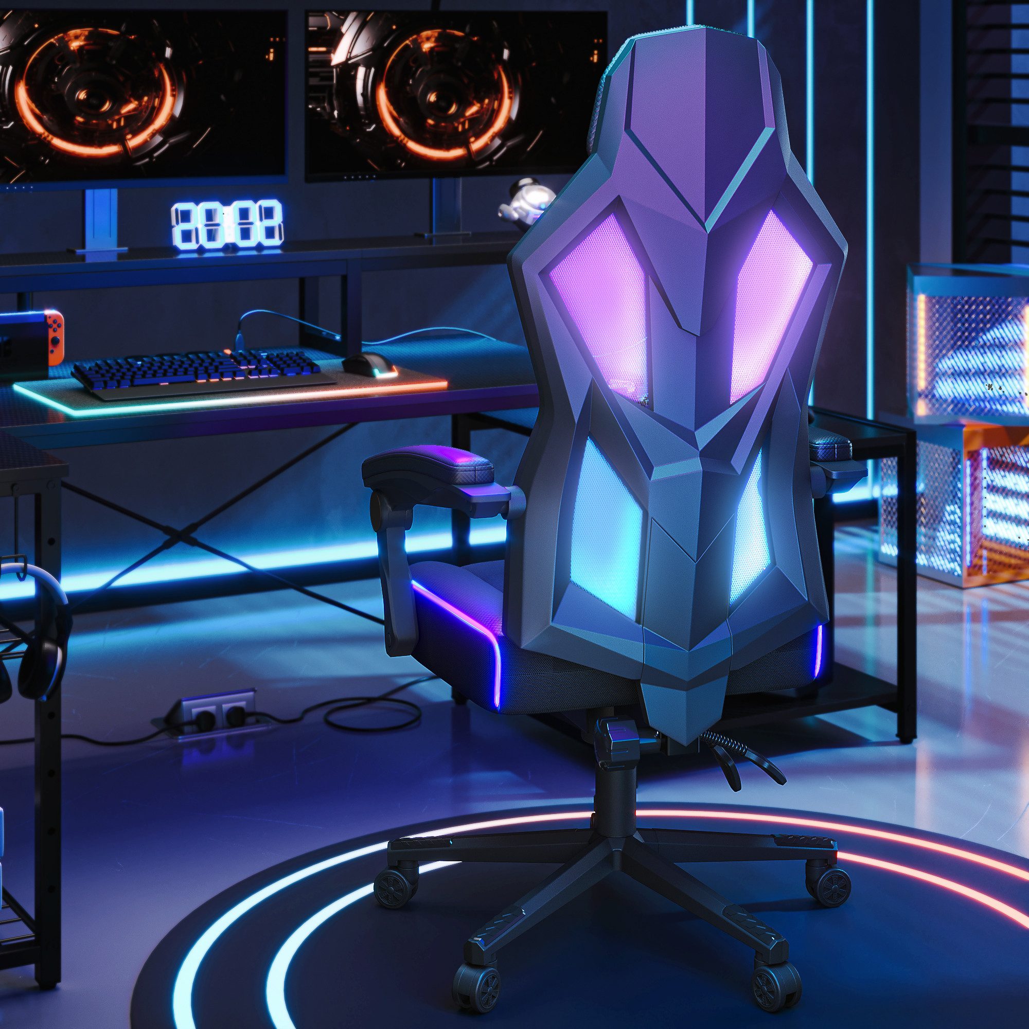 Bestier Gaming-Stuhl Gaming-Stuhl mit LED-Lichtleiste und verstellbarer Lendenwirbelstütze.