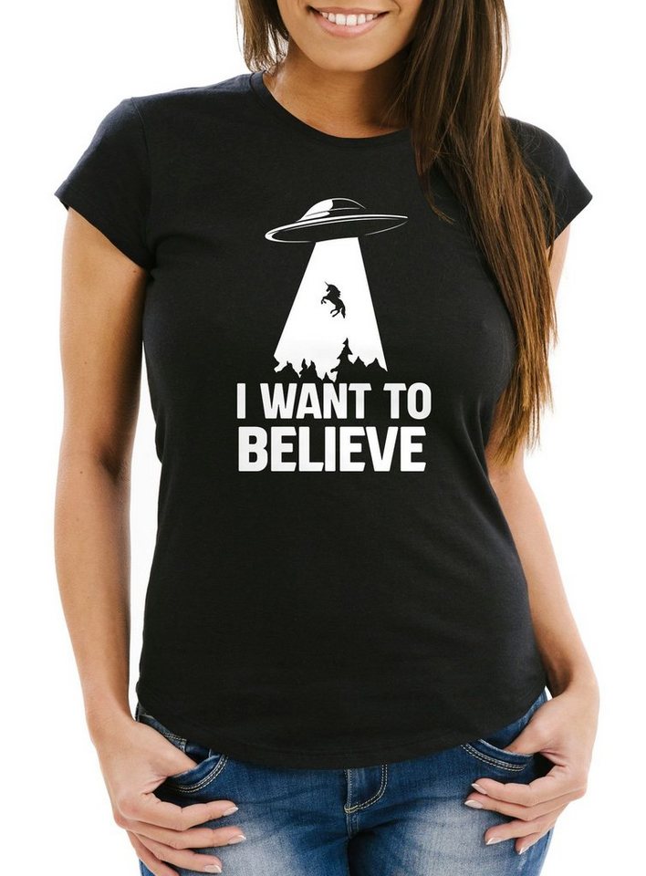 MoonWorks Print-Shirt Damen T-Shirt UFO Einhorn I Want To Believe Fun-Shirt  Moonworks® mit Print