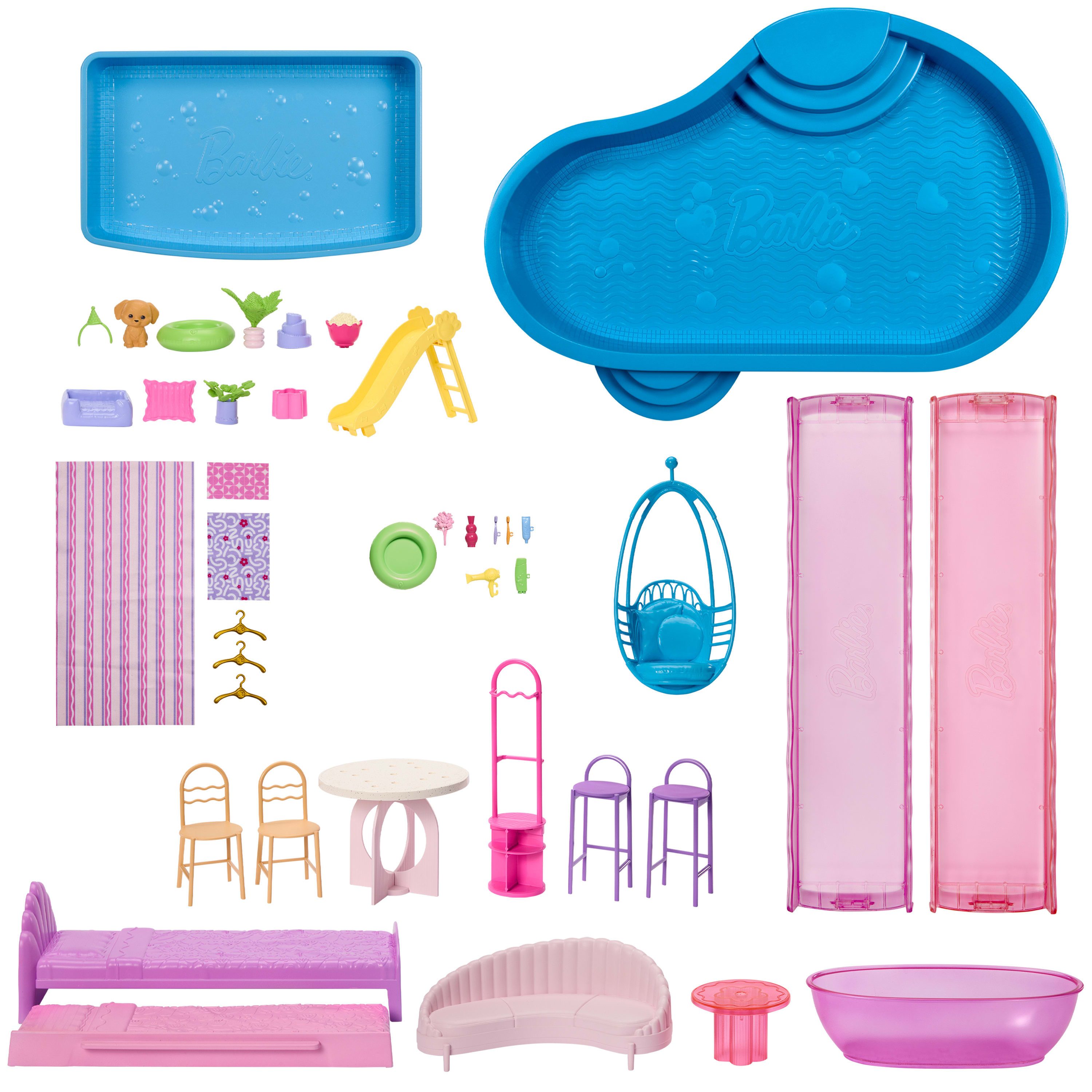 Barbie Puppenhaus Barbie Traumvilla (2026), mit Licht, Sound, 2 Pools, 2 Rutschen, 2 Häuser, Aufzug, 3 Etagen