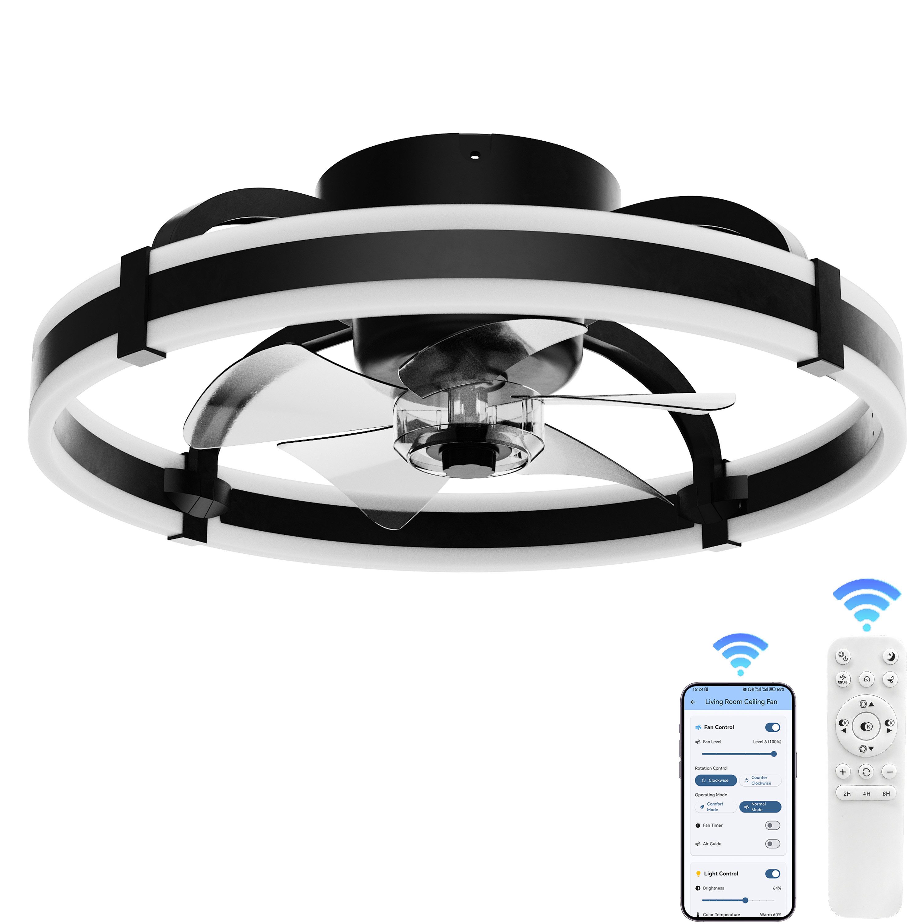 Ribelli Deckenventilator LED Deckenventilator mit Beleuchtung, stufenlos dimmbar, D500mm,6 Geschwindigkeiten, 30W