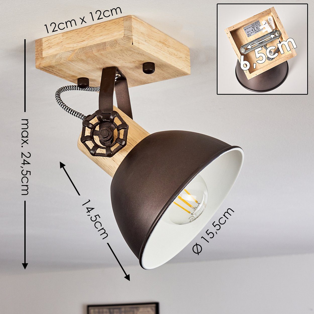 hofstein Deckenleuchte »Cotes« verstellbare Wandlampe aus Metall/Holz in Anthrazit/Weiß/Braun, ohne Leuchtmittel, 1xE27, Wandspot im Retro/Vintage Design
