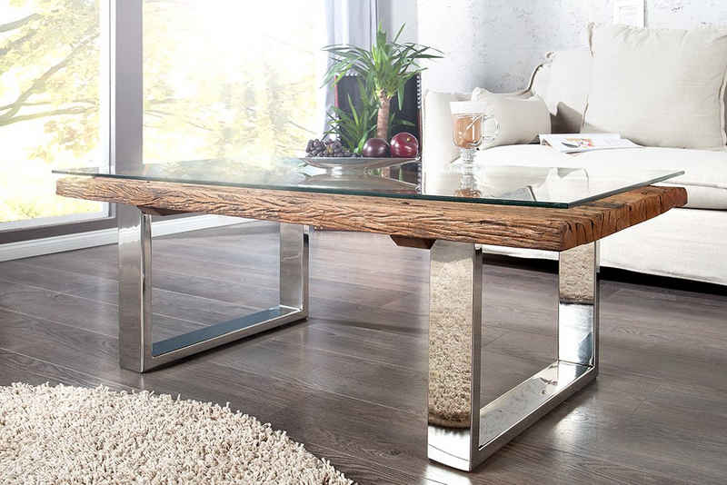 riess-ambiente Couchtisch BARRACUDA 110cm natur / silber (Einzelartikel, 1-St), Wohnzimmer · Massivholz · Glasplatte · eckig · Edelstahl · Industrial