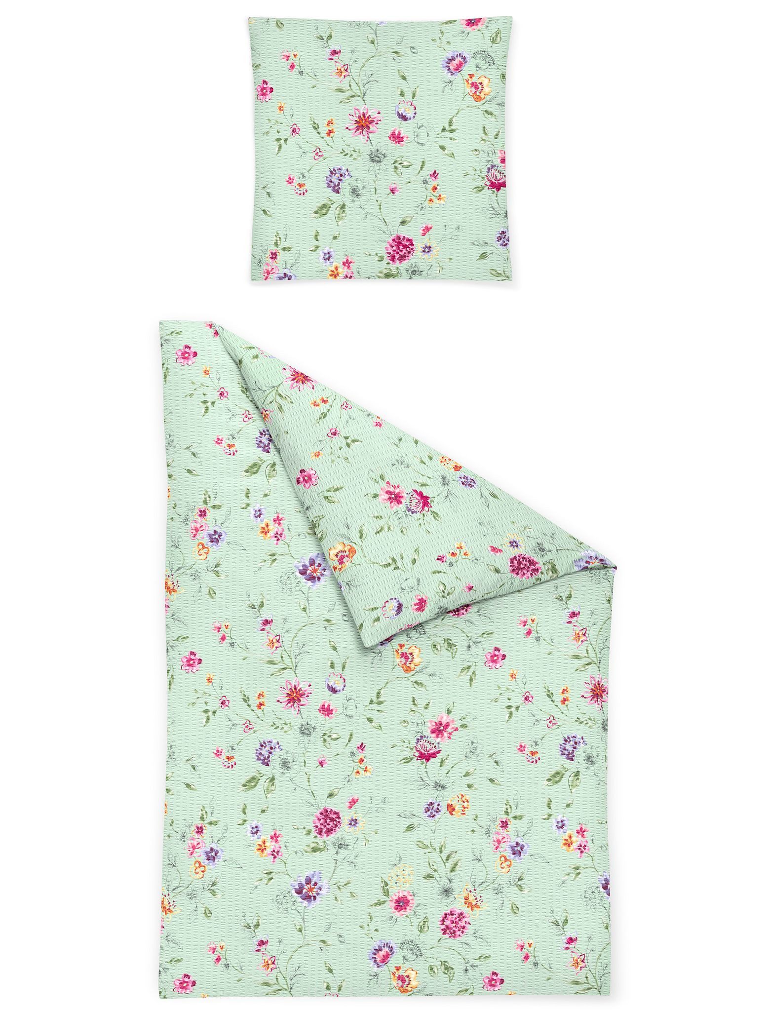 JACK Bettwäsche 135x200cm Florentina Mint, Seersucker, 2 teilig, mit Blüten in Lila und Pink