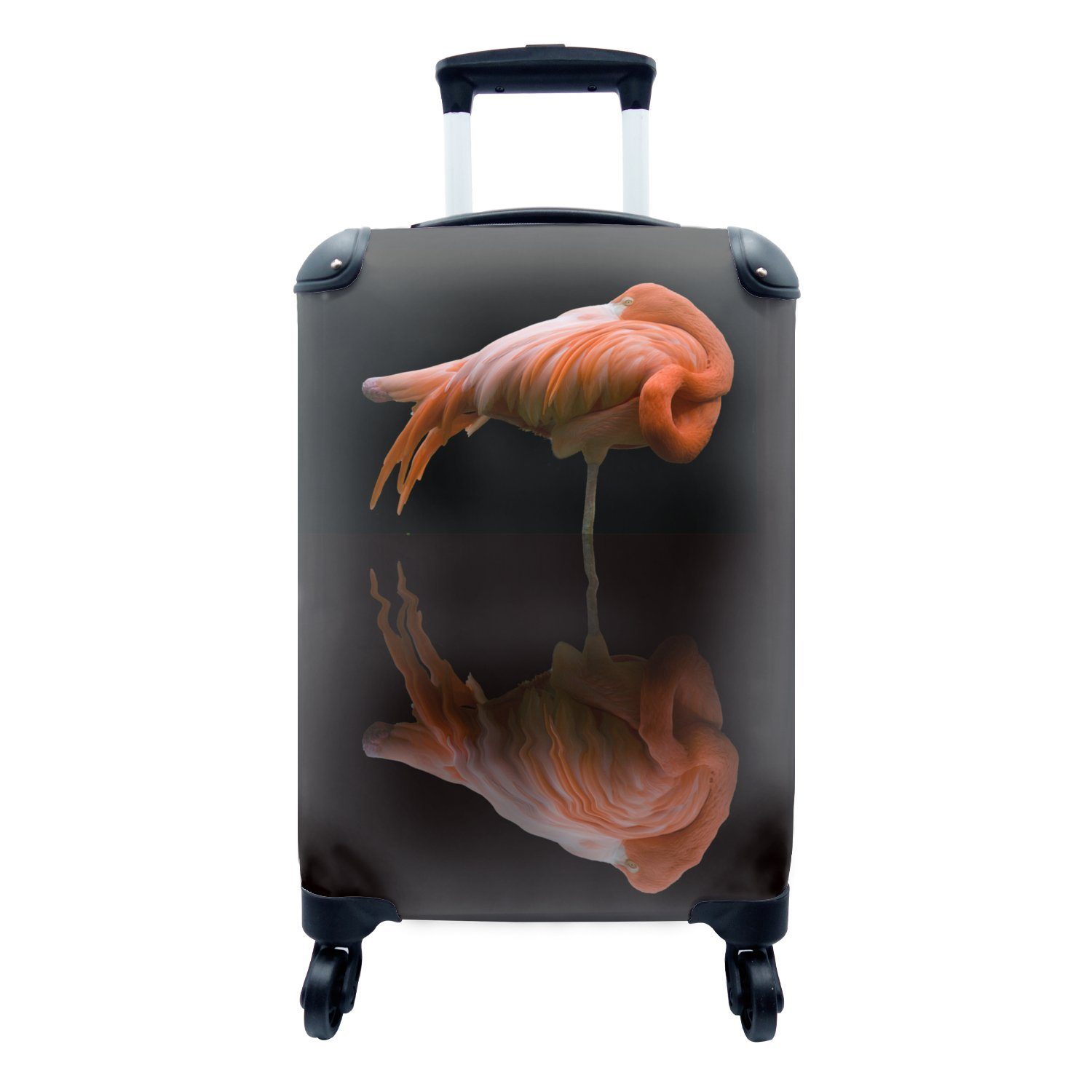 MuchoWow Handgepäckkoffer Reflexion eines rosa Flamingos auf schwarzem Hintergrund., 4 Rollen, Reisetasche mit rollen, Handgepäck für Ferien, Trolley, Reisekoffer
