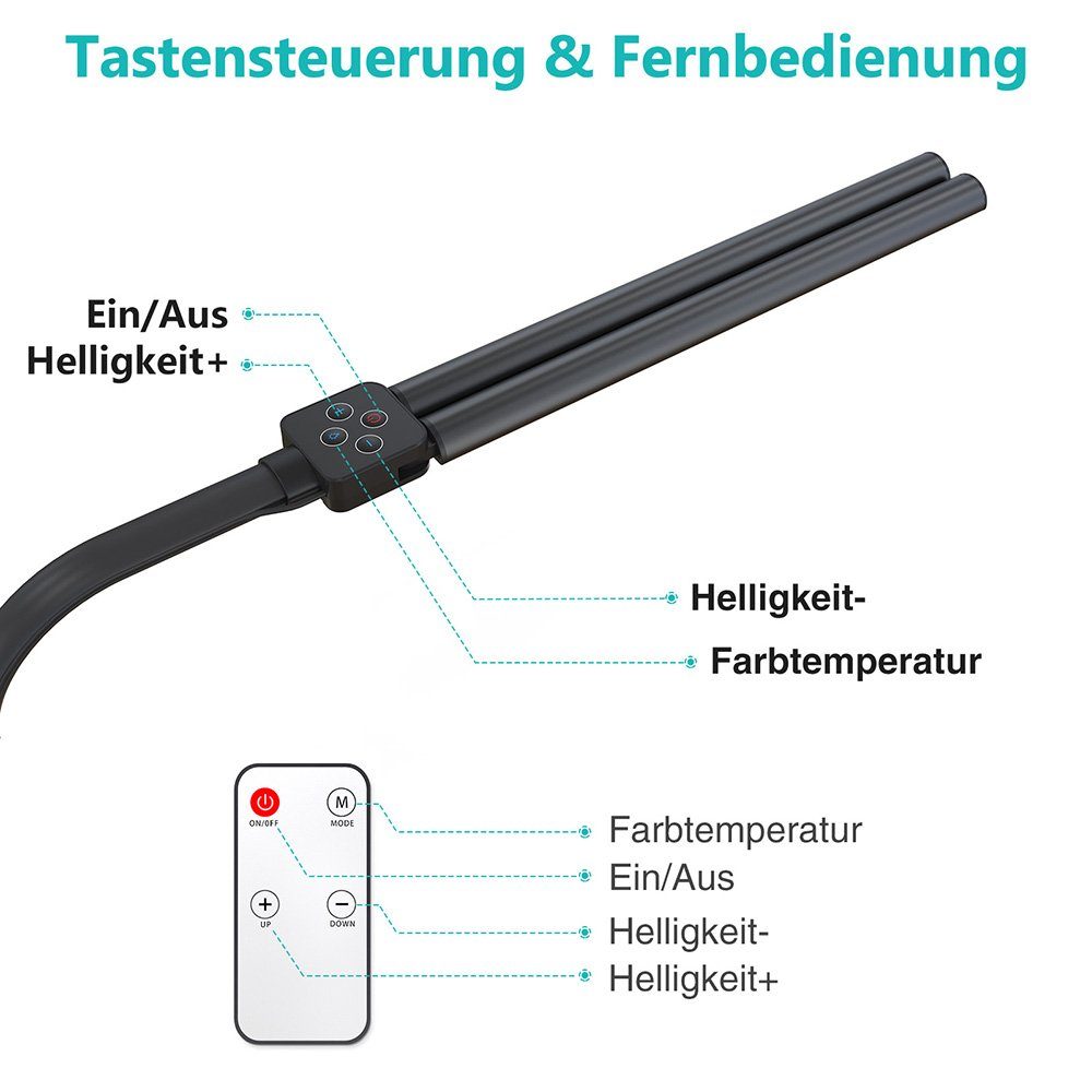 Rosnek LED Tischleuchte Doppelköpfe, 24W, 5 Farben und Helligkeit, für Architekten Büro Lesen, 3200-6500 K, mit Fernbedienung, mit flexibler Schwanenhals